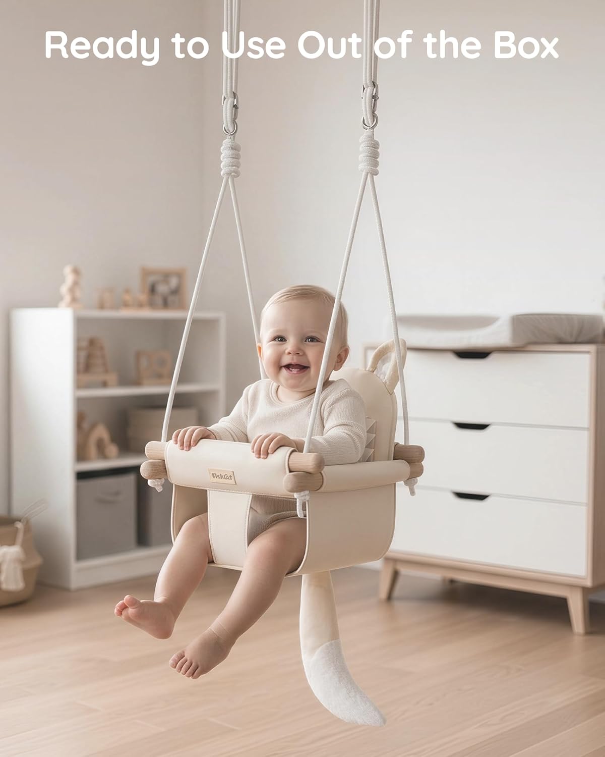 Wooden Hanging Baby Swing with Soft Safety Belt, Cozy Infant Swing Seat for Indoor & Outdoor Use, Adjustable Height, Includes Mounting Hardware – Suitable for Babies & Toddlers(Fox-Themed in Beige)