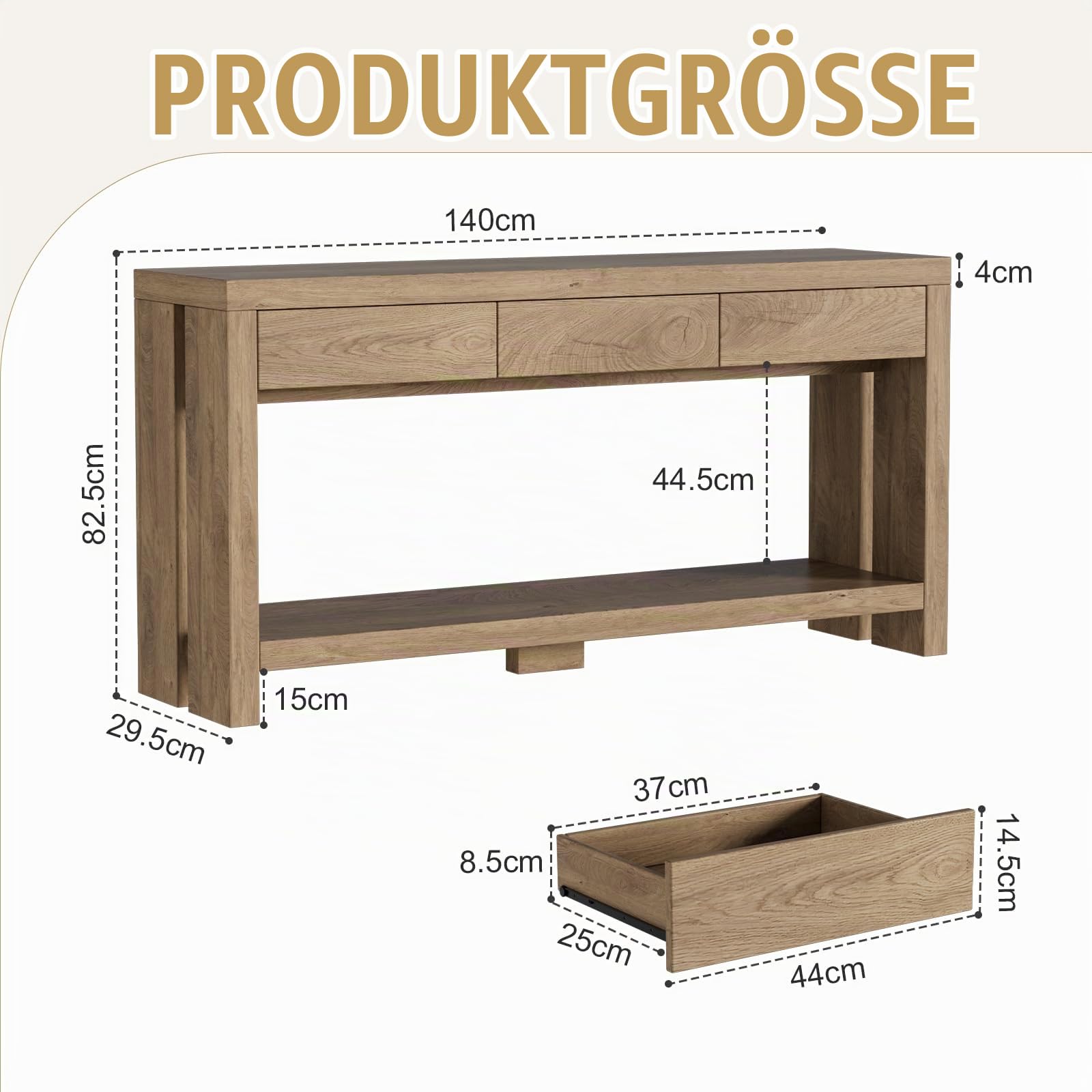 Konsolentisch mit 3 Schubladen Schmaler Eingangstisch 140CM Langer Sofatisch mit Stauraum Beistelltisch 29.5CM Breit Flurtisch hinter dem Sofa 2 Ebenen Ausstellungstisch für Wohnzimmer, Flur, Eingang