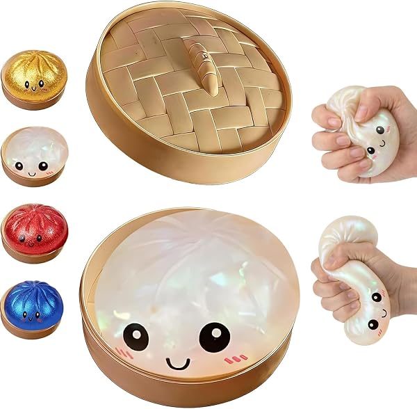 Glitter Dumpling Squishy Box, Dumpling Squishies, Sensory Squeeze Toy for Stress Relief, Soft Decompression Dough for Adults Office and Home Use (Ribbon Emoji bun) - 1