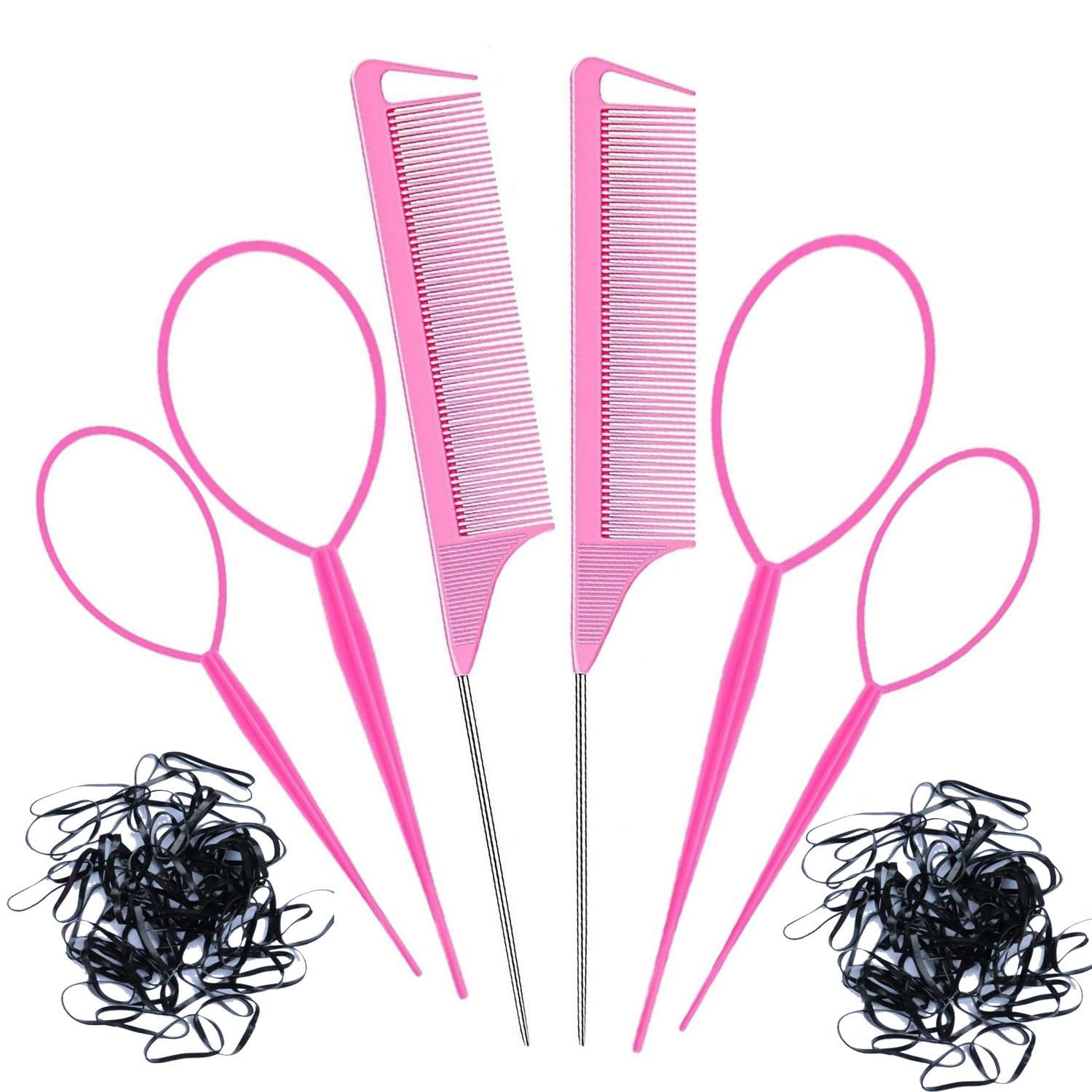 Pink Hair Styling Tools Set with 2 Steel Pin Rat Tail Combs, 4 Loop Styling Tools（2 Large + 2 Small）,100 Randomly Colored Rubber Bands - Suitable for Professional and DIY Hairstyling