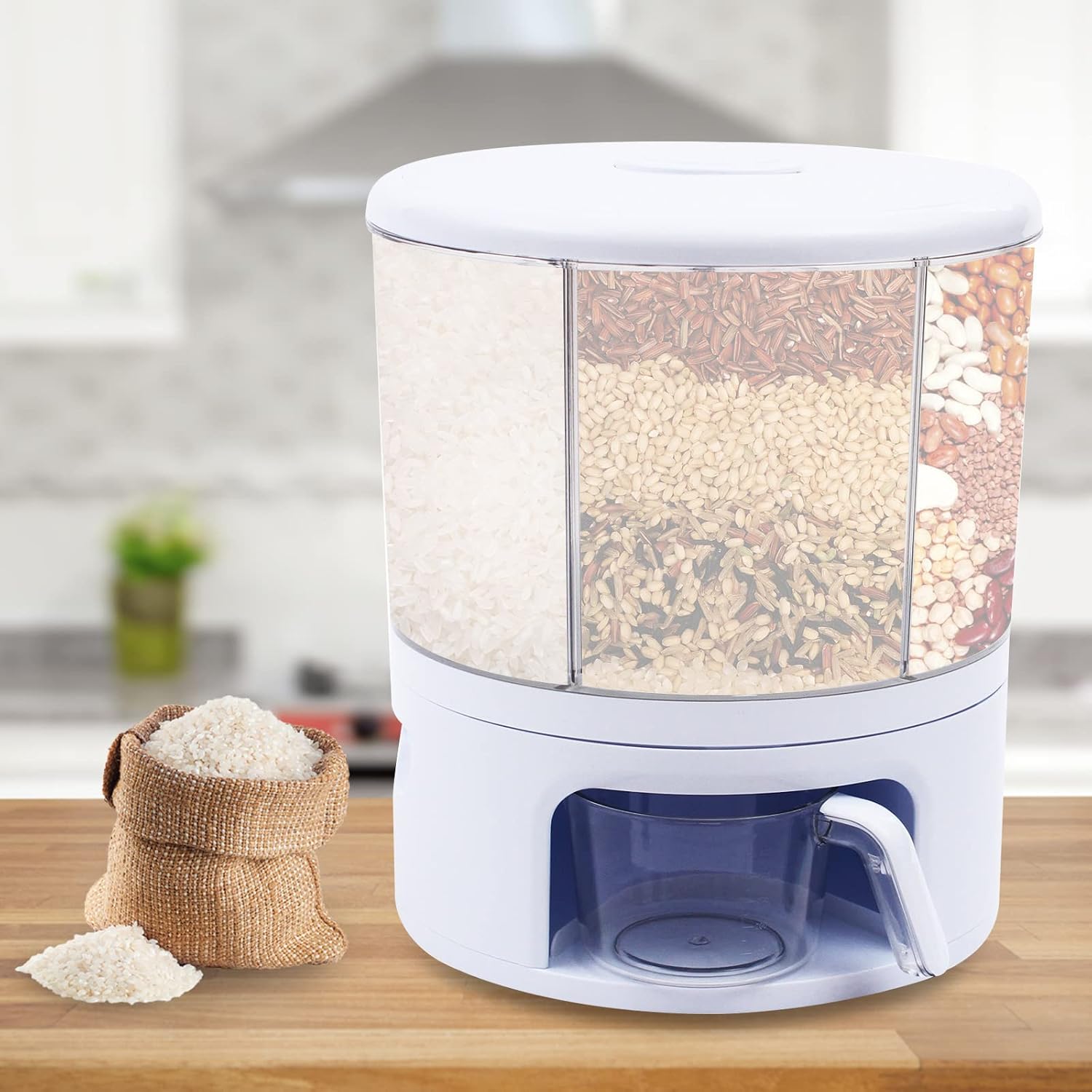 Rotating Dry Storage Dispenser, Round Multigrain Tank Cup 6-Compartment Rice and Bean Dispenser, 24lb Cereal Grain Dispenser for Store Rice, Red Beans, Yellow Beans, Black Beans