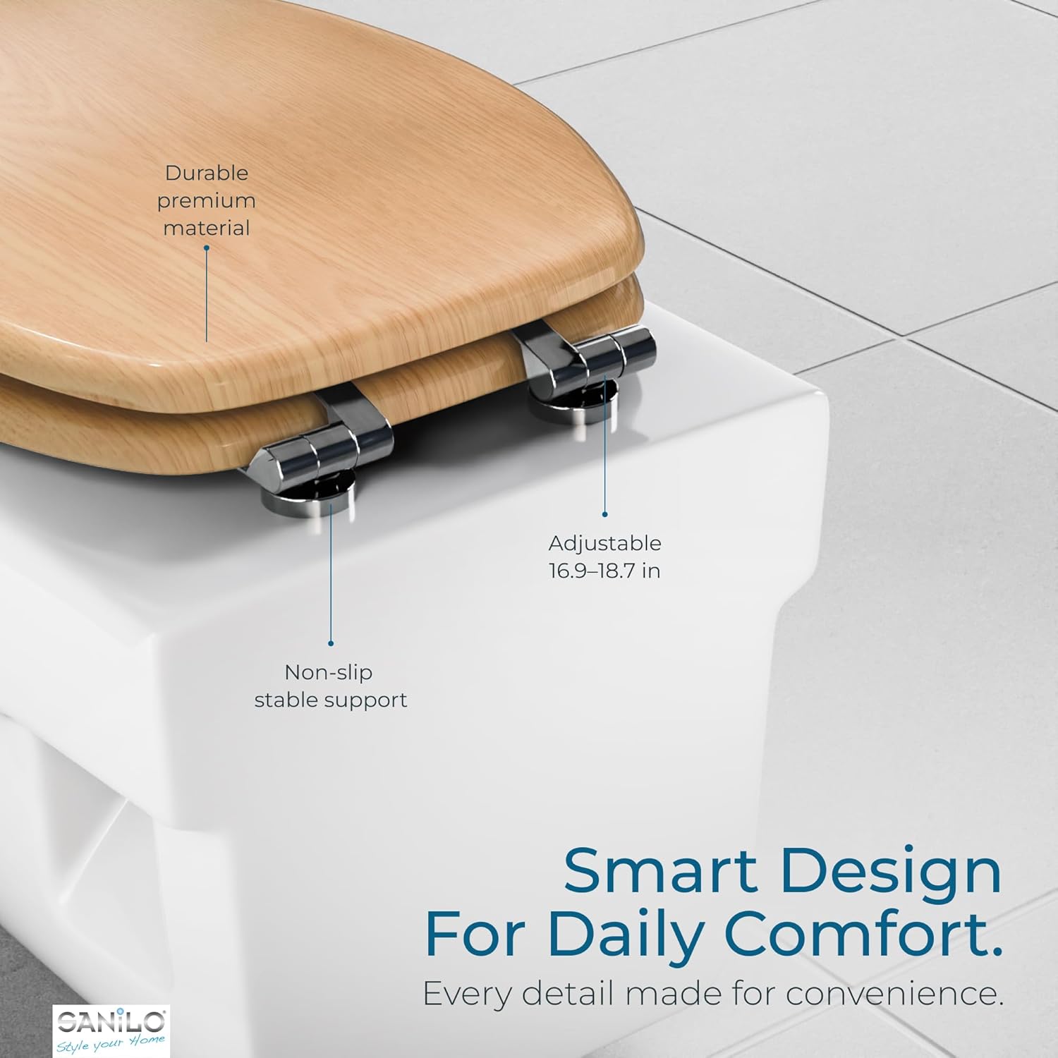 SANILO Wooden Toilet Seat with Soft Close [ELONGATED] - Decorative, Quiet & Slow Close Molded Wood Seat - With Strong Bumpers & Hinges - Adjustable Fit - Wood