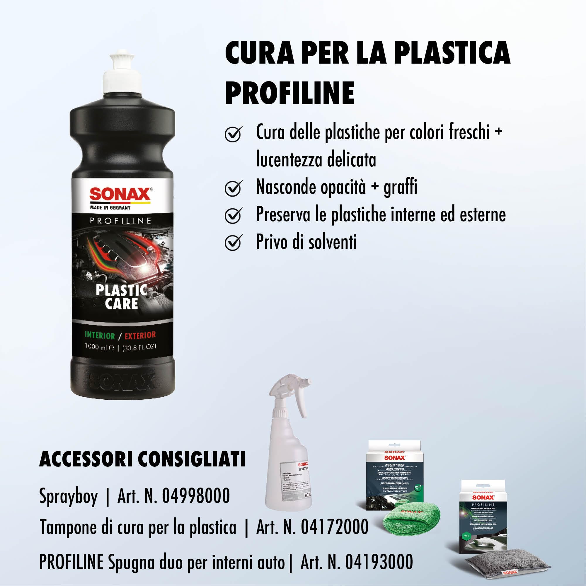 SONAX PROFILINE PlasticCare (1 Litro) - ravviva e protegge superfici in plastica. Ideale anche per la conservazione del vano motore | Art. N. 02054050