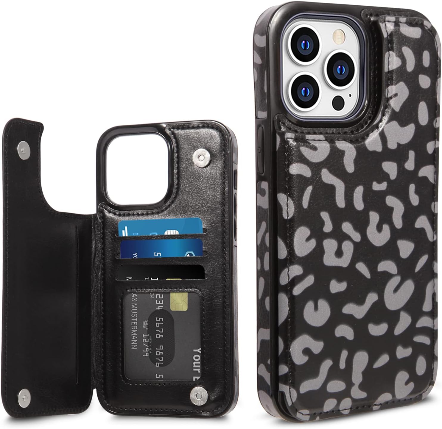 Wallet Case Compatible with iPhone 14 Pro Max 6.7 inch, KSWNG Slim Protective Case with Card Holder, Flip Soft PU Leather Magnetic Durable Shockproof Cover (Black Leopard)