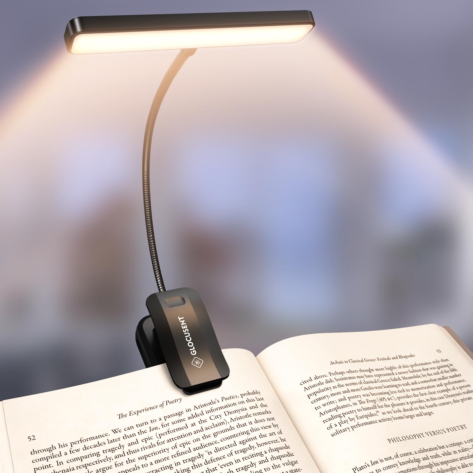 Glocusent 26 LED Rechargeable Book Light, 1200 mAh Battery for 90 Hrs Reading Light, 5 Amber Colors & Stepless Dimming Book Light for Night Reading - Portable Clip on Light for Book Lovers Kids