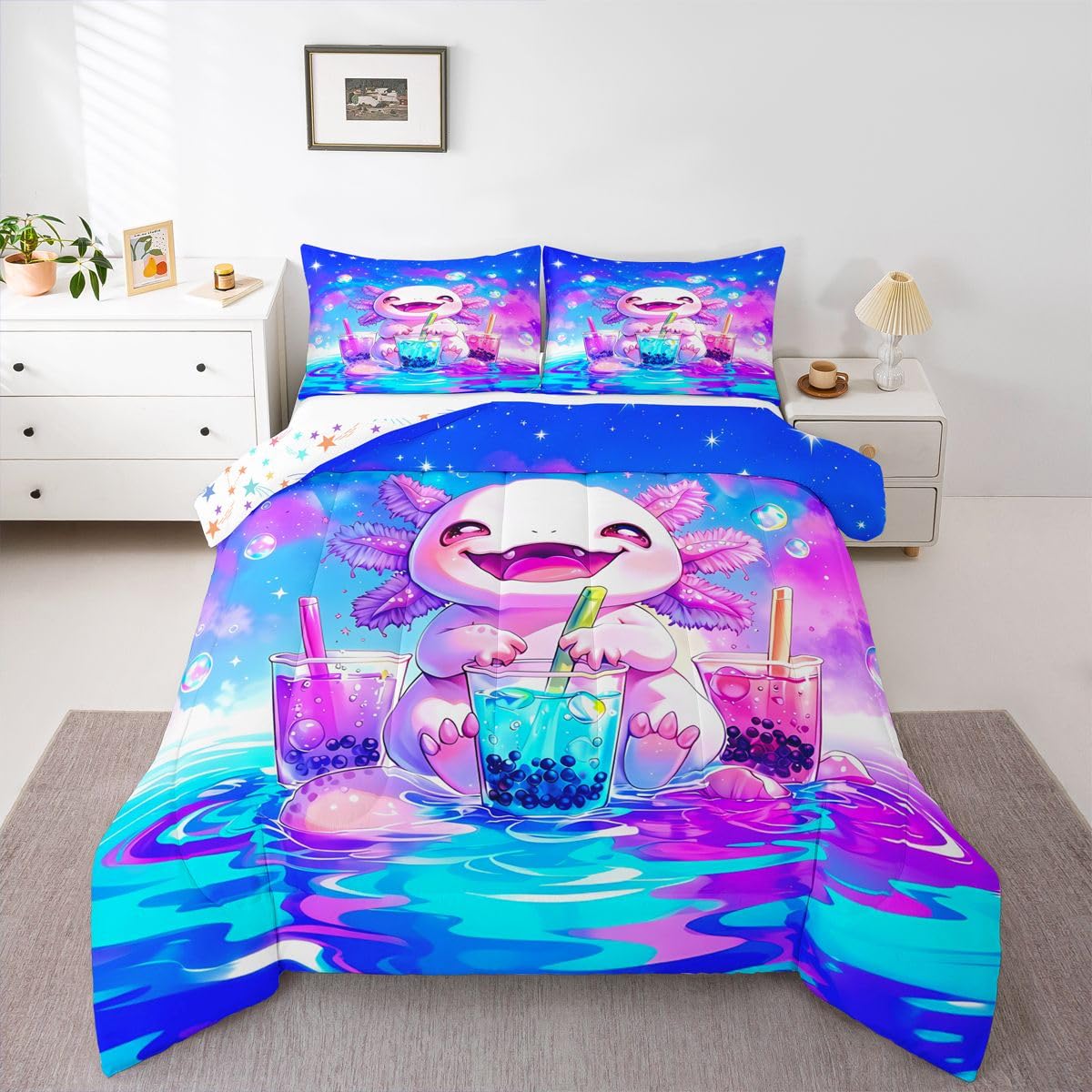 Homewish Uroczy zestaw pojedynczej kołdry Axolotl - dla chłopców Pruple Blue Milk Tea zestaw pościeli księżniczka tęczowy aksolotl zestaw kołdry - kolorowe gwiazdy chmura poszewka na kołdrę