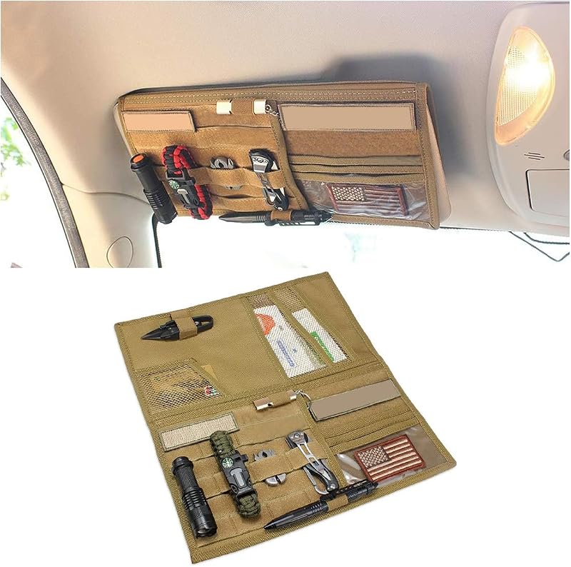 smilfuy Tactical Molle Car Sun Visor Organizer, Large Molle Visor Panel | Car Visor Storage Pouch Holder, Tactical Gear Truck Storage Shelf, 600D Car Sunshade Storage Bag for Large Vehicle, Khaki