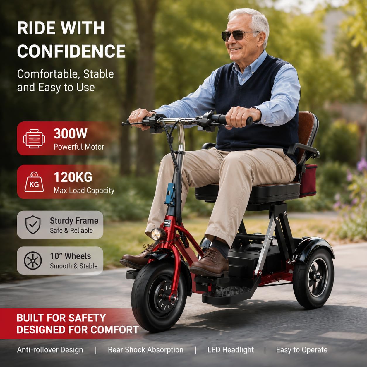 Scooter Eléctrico De Movilidad De 3 Ruedas para Adultos Mayores Y Personas con Discapacidad, Capacidad de Carga de 120 kg; Scooter Plegable con Asiento Acolchado Y Cesta De La Compra