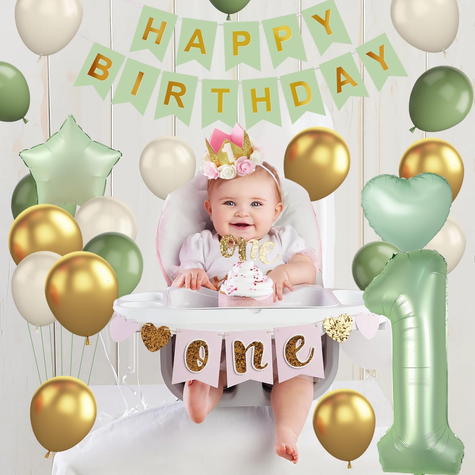 Amazon.co.jp: 1歳の誕生日デコレーション、男の子、女の子用、セージ