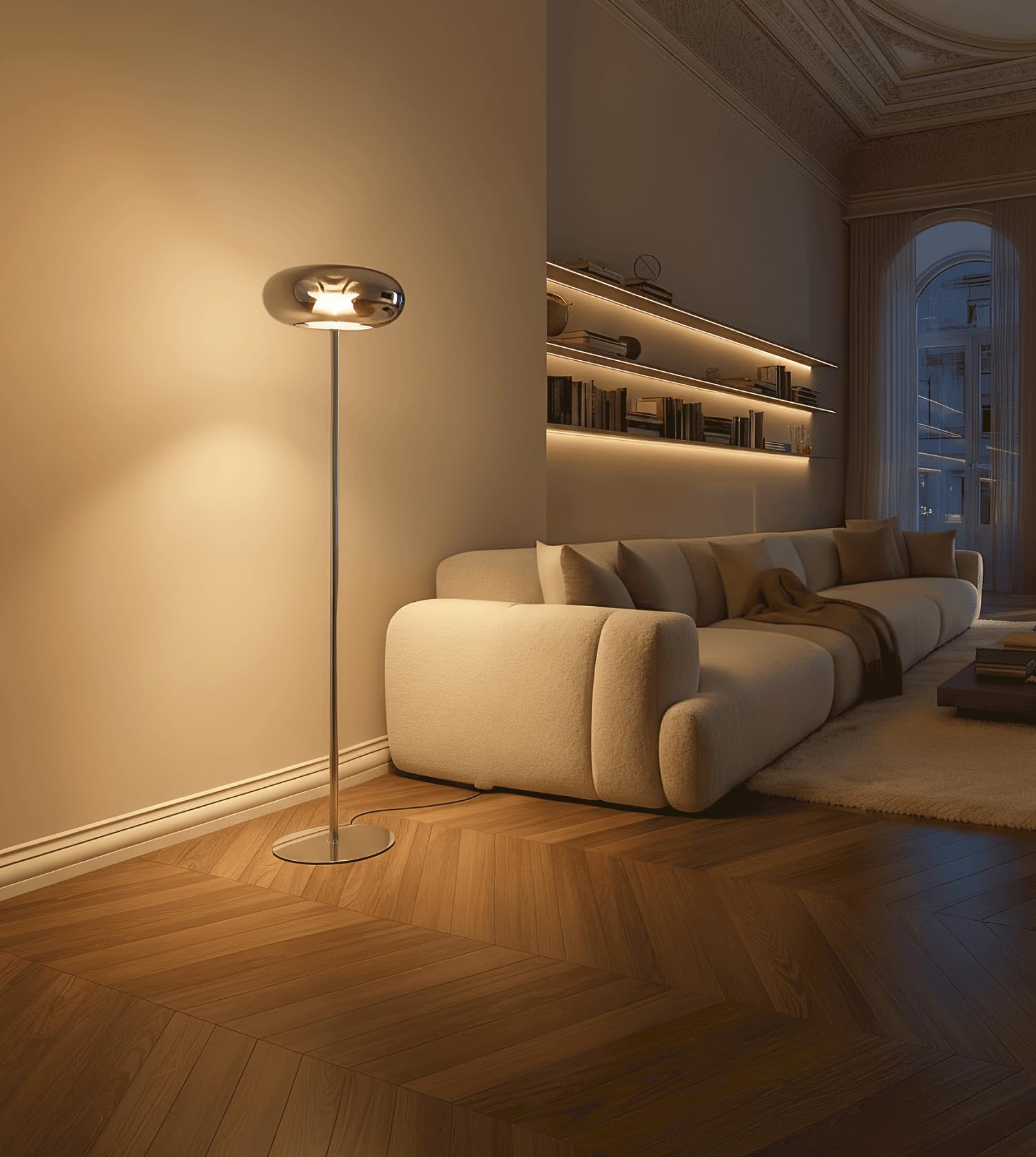 NEONA LUMIRA LED Stehleuchte Dimmbar im Pilzdesign, Retro Stehlampe mit Touch-Dimmer aus Glas und Metall, Warmweiß 2700K, 450 Lumen, Chrom (Chrom)