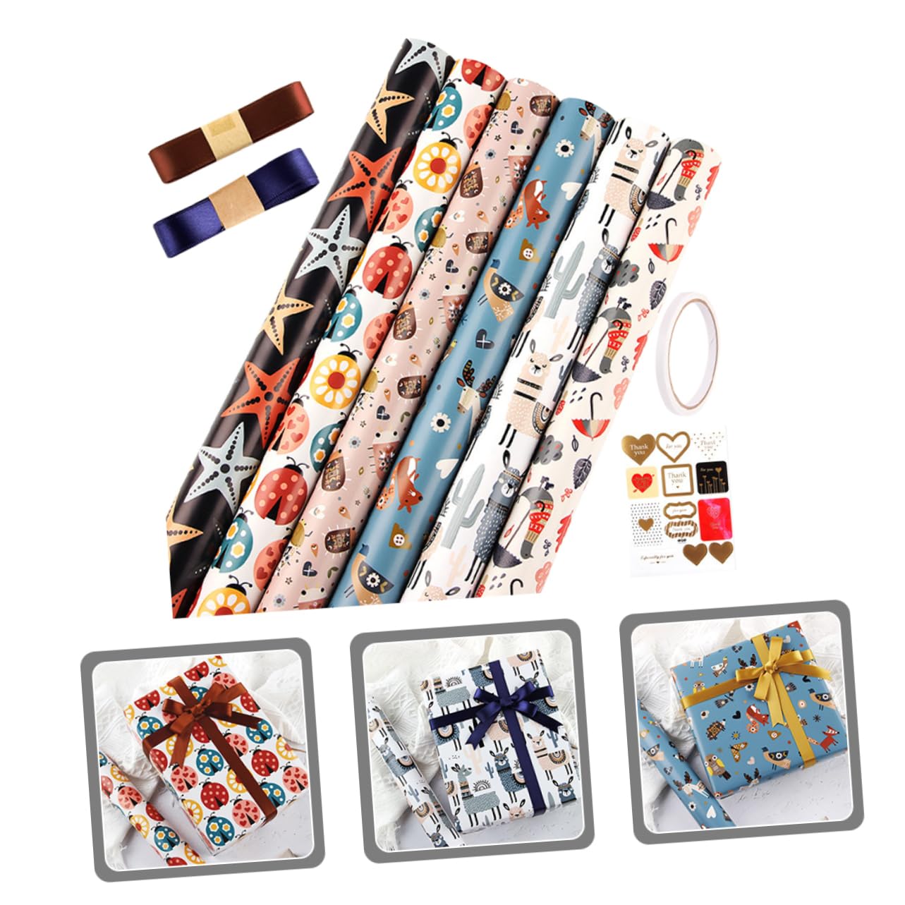 Healeved 4sätze Geschenkpapier Mit Cartoon-mustern Für Geburtstags Und Feiertagsverpackungen Bunte Kreative Geschenkverpackung Für Diy-projekte Bögen Verschiedenen Designs