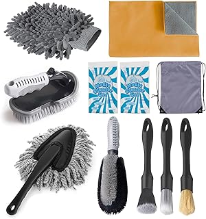 Juformin 10PCS Car Detailing Brush Set - Multi-Functional Brushes with Microfiber Suede Towel & Natural Cleaning Gel, Comp...