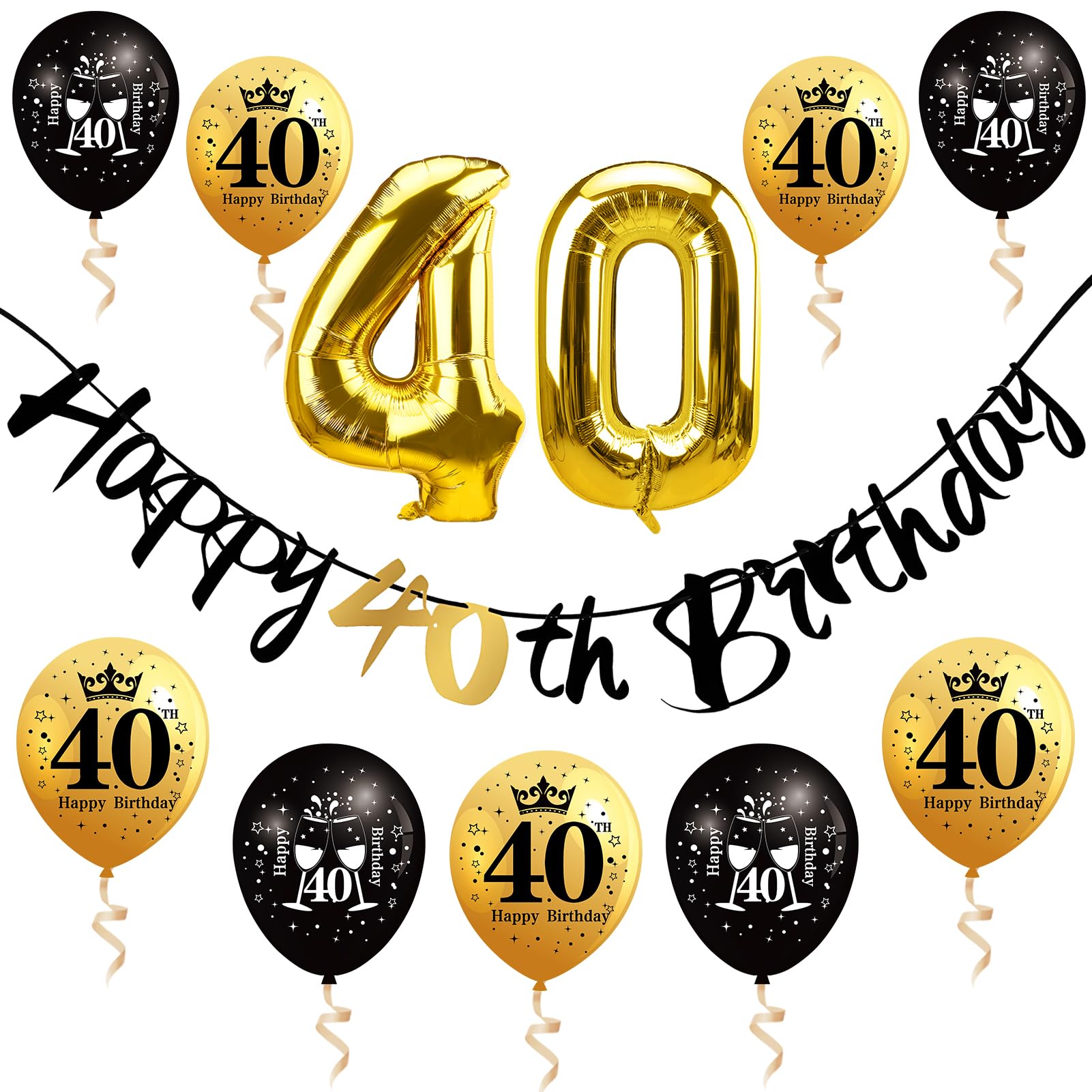 Zirtorei 11Pcs 40th Birthday Decorations Kit for Men Women, Black Gold Happy 40th Birthday Pre-strung Banner 40 Foil Balloons, Forty Year Old Bday