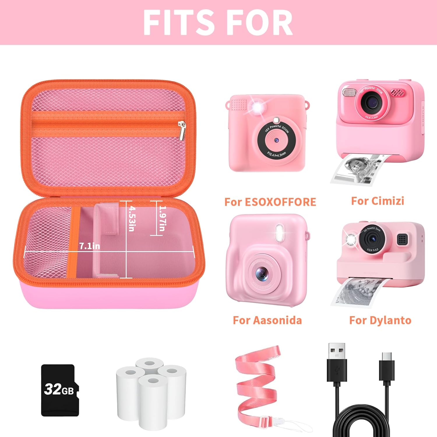 Kids Instant Print Camera Case Compatible with ESOXOFFORE/for Dylanto/for DUDUDRAGON/for GKTZ/for ETIKEZ/for Dafotil/for Careenoah/for Aasonida Digital Video Prints Paper Cameras Bag- Pink - Image 2
