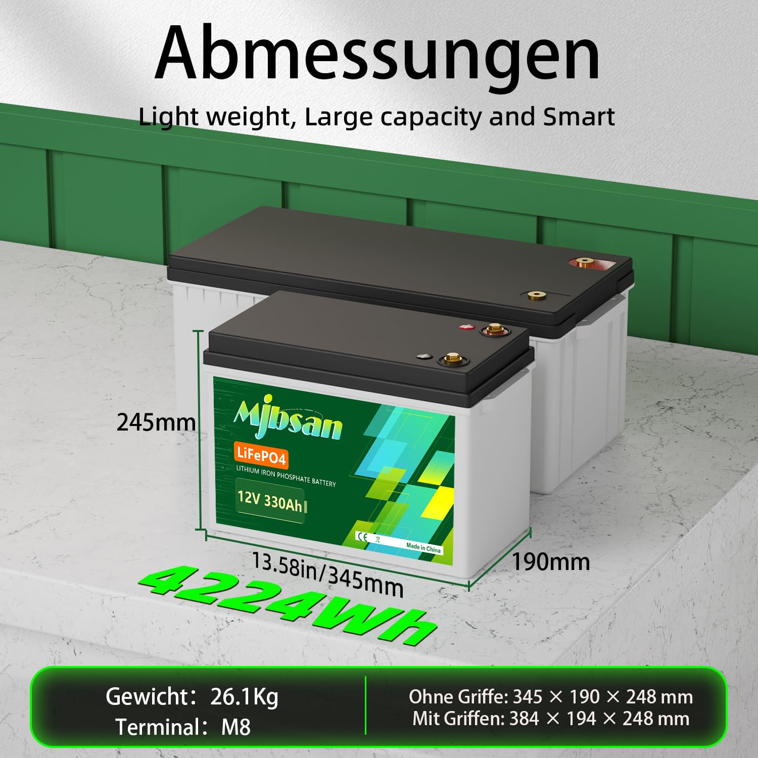 Mjbsan Batería de litio LiFePO4 de 12 V 330 Ah con energía de 4224 Wh, 200 A BMS incorporada, potencia de carga máxima de 2560 W, vida útil de 10 años de hasta 15,000 ciclos, para campamento de