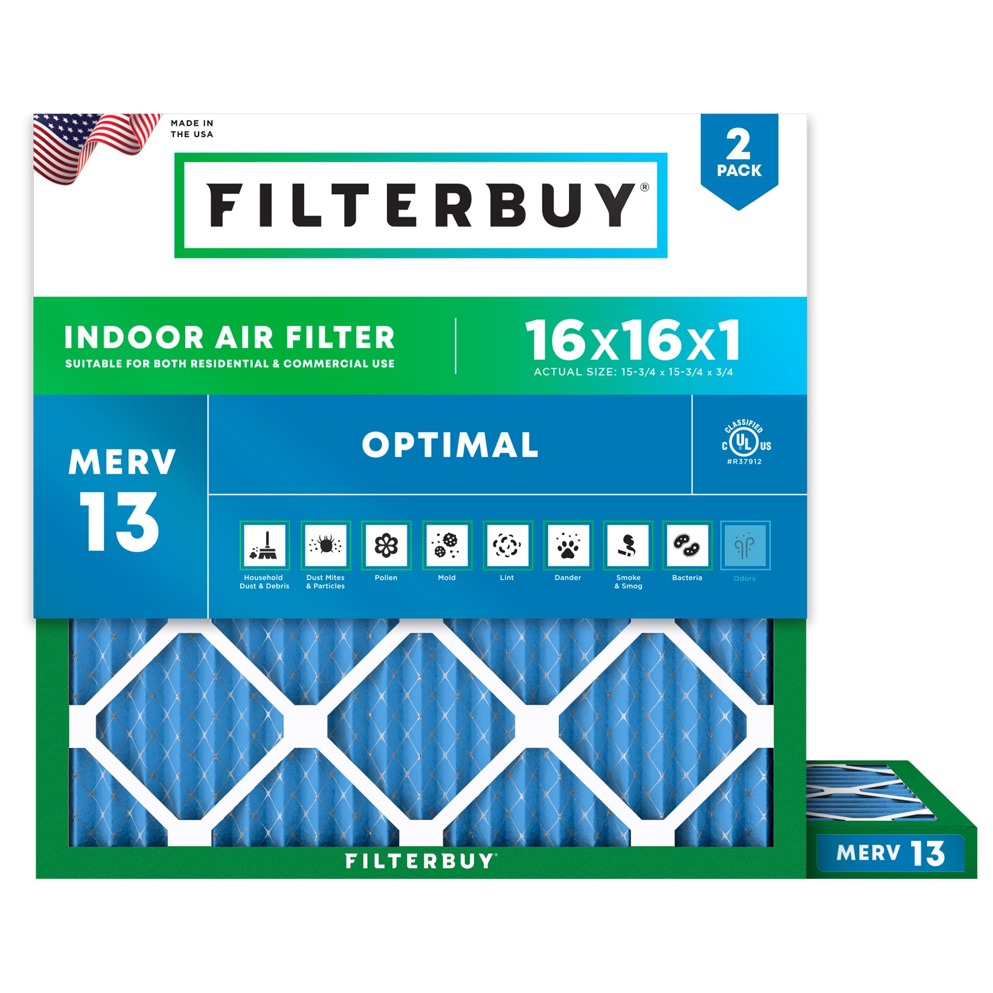 Filterbuy 16x16x1 Air Filter MERV 13 Optimal Smoke & Allergy Defense (2-Pack), Electrostatic Pleated HVAC AC Furnace Filters Replacement, Made in USA (Actual Size: 15.75 x 15.75 x 0.75)
