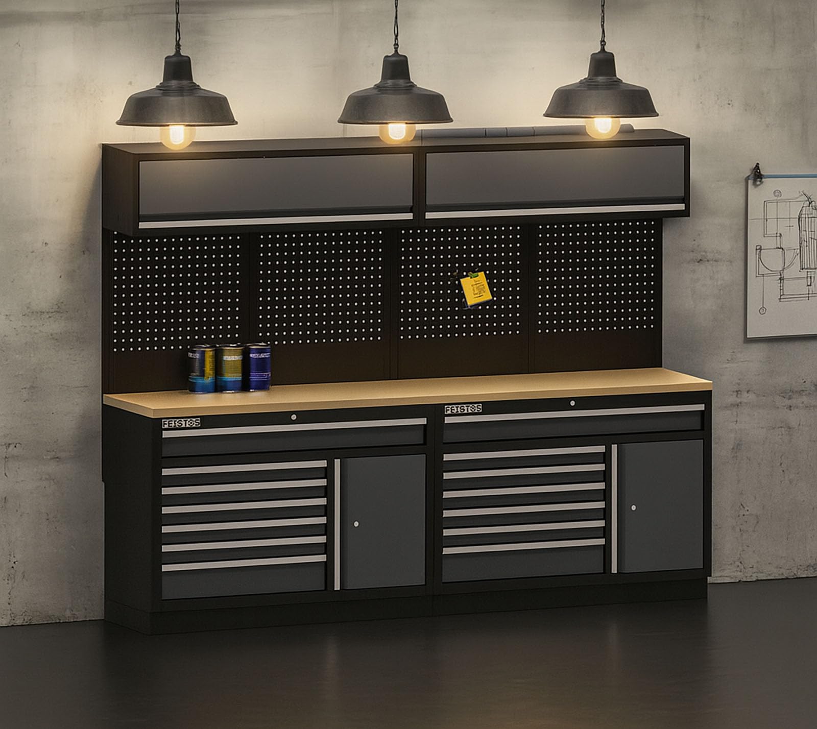 Apollo 23 Werkstatteinrichtung | XXL Werkzeugschrank mit Werkbank & Lochwand | pulverbeschichteter Stahl | 2 Arbeitsplatten | Modular erweiterbar | Schubladen & Hängeschränke