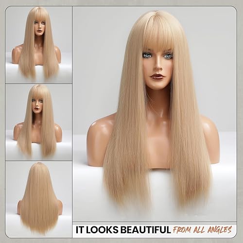 Miniatura 2 de EMMOR Peluca rubia clara con flequillo para mujer, pelucas largas y lacias, peluca Barbie sintética para niñas, cosplay y uso diario (26 pulgadas,