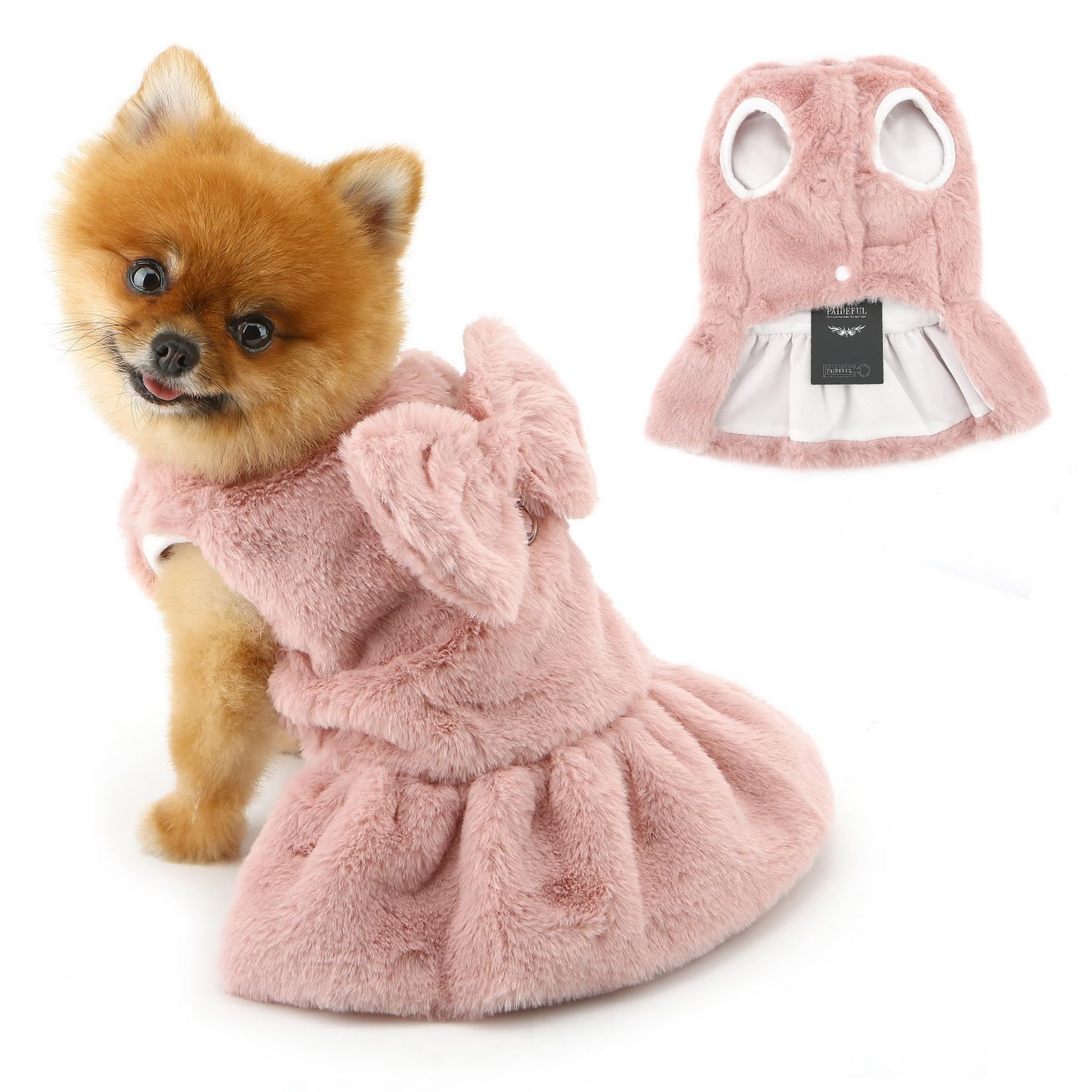 PAIDEFUL Fluffy Puppy Dress for Small Dogs Thicken Warm Fleece Doggie Jumper Cold Weather Windproof Pet Skirt Coat Fashion Solid Chihuahua Clothes Cat Apparel with Bow-Knot Botton D-ring,Pink,XS