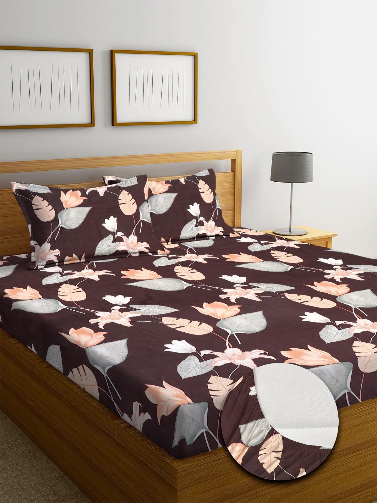 TARAIN COLLECTION Premium Cotton Elastic Fitted Bedsheets with 2 King Size Pillow Covers Double Bed with All Around Elastic Supersoft Size - 72 x 78 +10 inches Floral Pattren (Coffee & White) (B0D966TKDW) Amazon Price History, Amazon Price Tracker