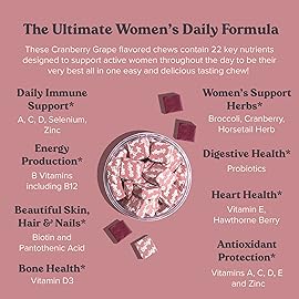 CHEWSY Women\'s Multivitamin - Immune & Energy Support - 23 Nutrients Including A, B12, C, Folic Acid, Probiotics, Biotin, Cranberry - 30-Day Supply