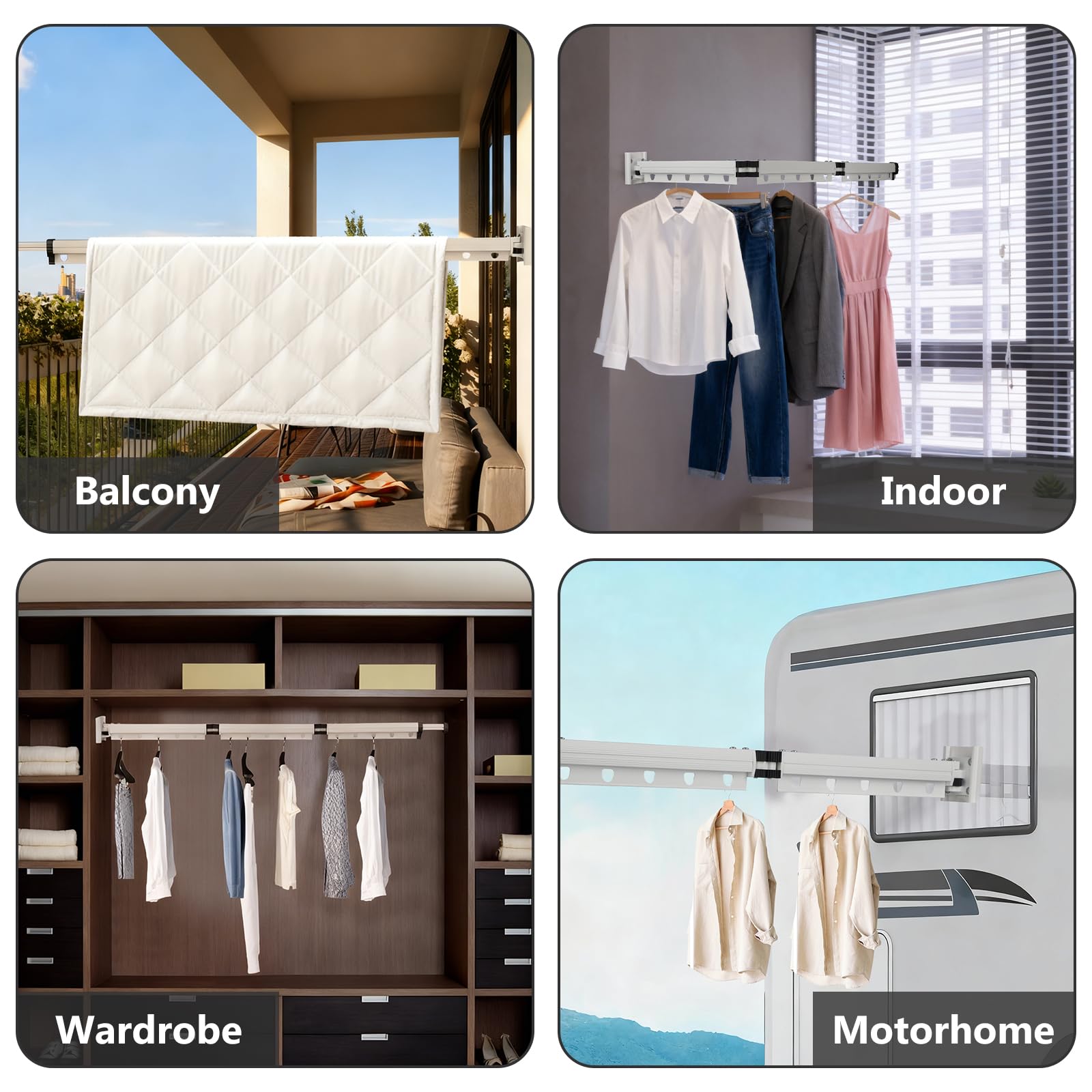Longzhuo Séchoir à Linge Mural Pliable en 3 Parties, 125cm Étendoir à Linge Retractable Interieur, Tringle à Vêtements Extensible Peu pour Balcon, Buanderie, Salle de Bain, Caravane Extérieure(Blanc)