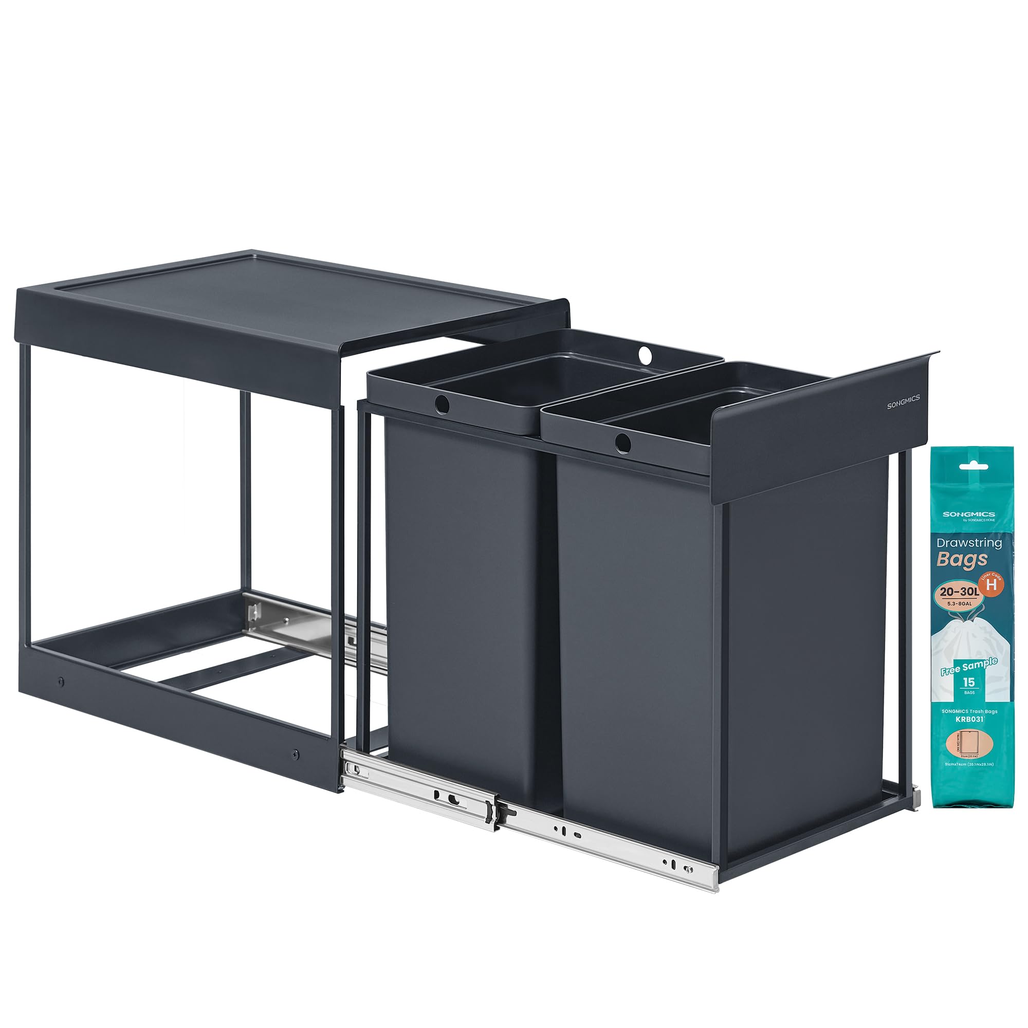 SONGMICS Kitchen Bin for Recycling and Waste, Built-in Rubbish Bin for Cabinet, 2 x 5.3 Gallon (20 L) Double Compartments, Smooth Pull-Out Design, Steel Frame, ABS Lid, Grey LTB951GZ01