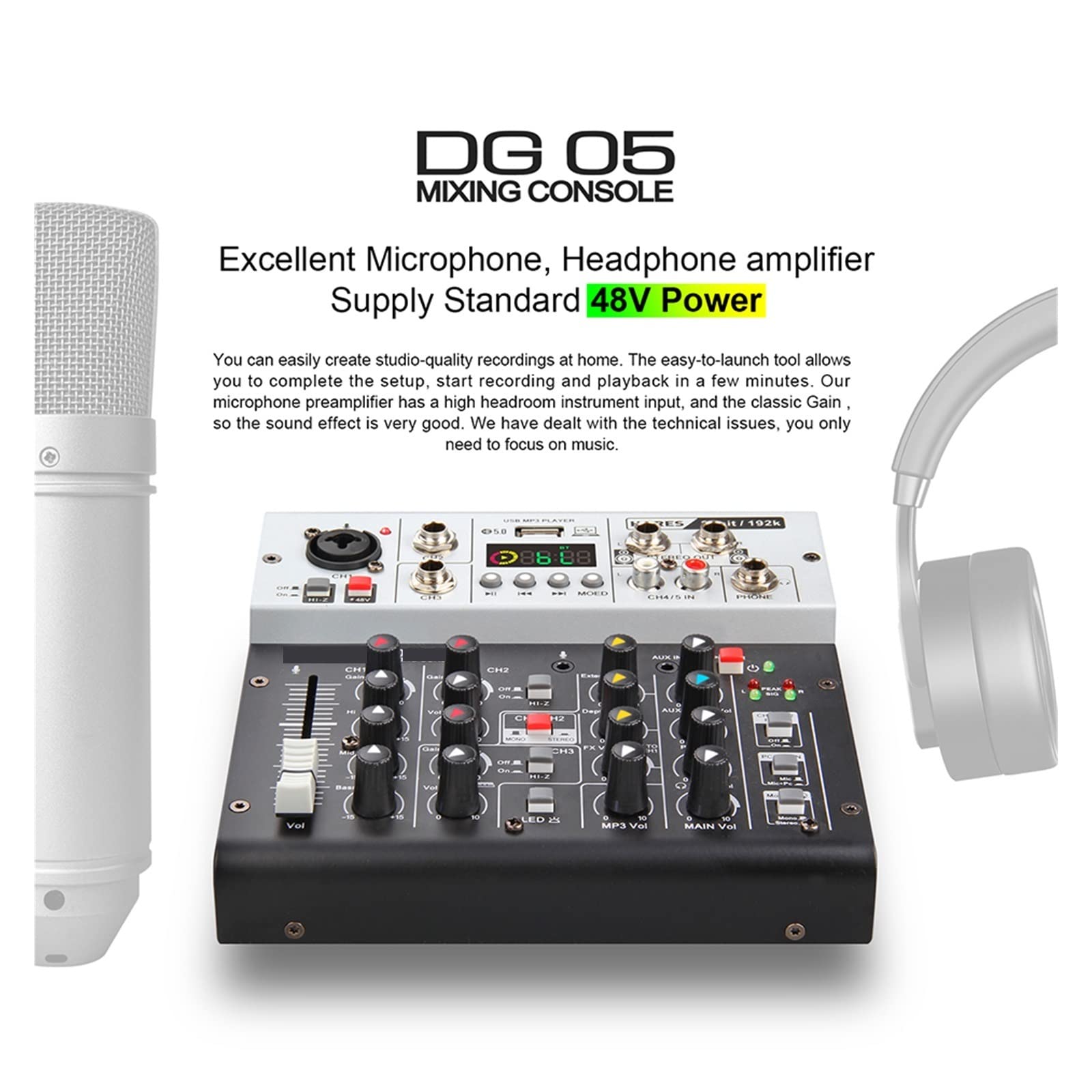 DJ-Mixer, Interface-Soundkarte mit Überwachung, Studioqualität 24bit 192k, 5.0 BT PC, Live-Aufnahme von E-Gitarre, Gesang