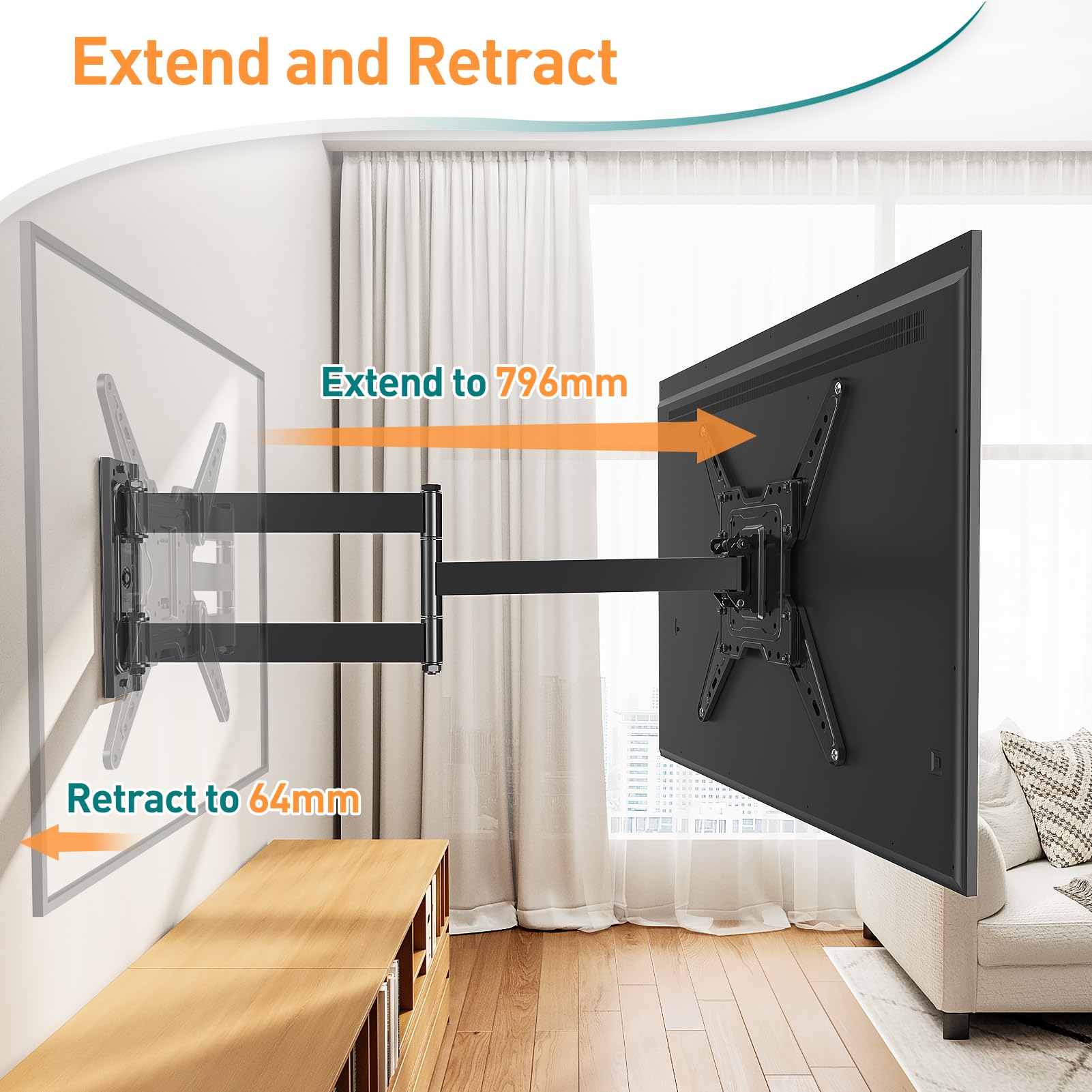 ELIVED Long Extension EV1035 - Supporto da parete per TV con braccio lungo 796 mm, per la maggior parte dei televisori da 26-65 pollici, orientabile e inclinabile, supporto da parete per TV Full