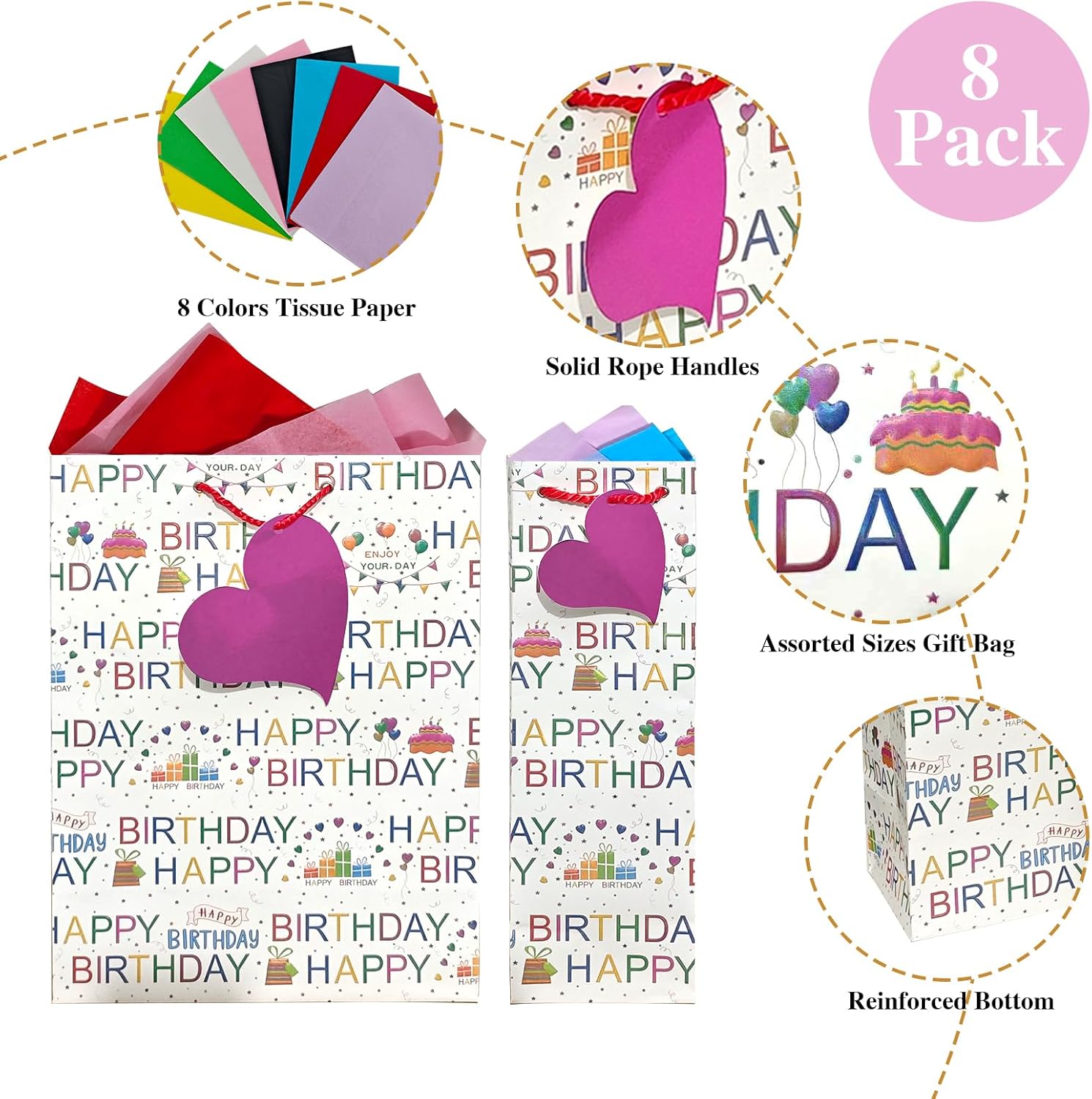6 Pack Happy Birthday Gift Bags With Handles and 8 Colorful Tissue Papers,Assorted Size of Paper Gift Bag for Boy/Girls Kids Women Birthday Party, Anniversay Celebrations - Image 2