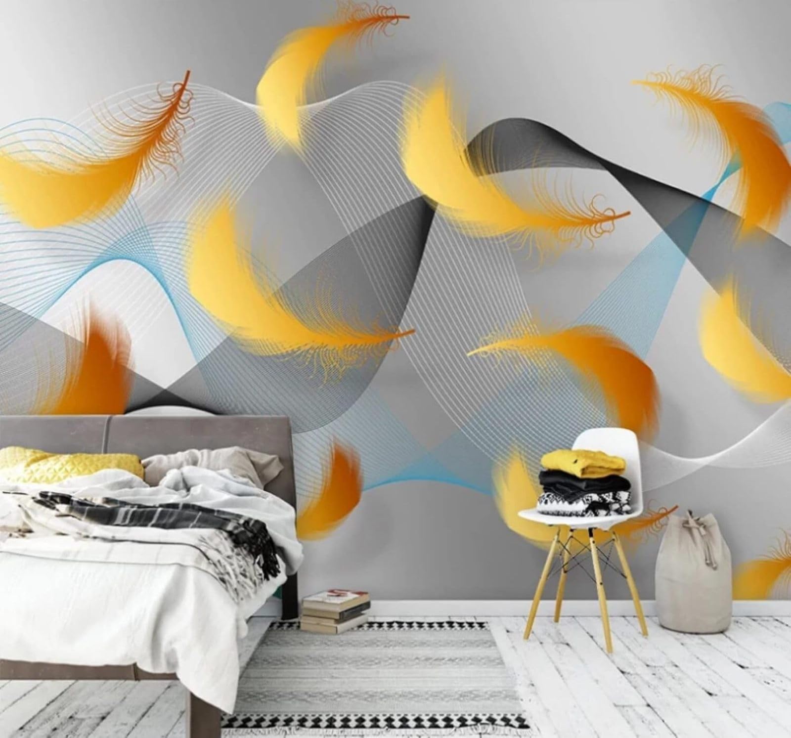 XLMING Abstract Three Dimensional Lines Gold Feathers 3D Wallpaper Luxury Home Dining Decor Paste Sofa Living Room The Wall for Bedroom Mural-250cm×170cm
