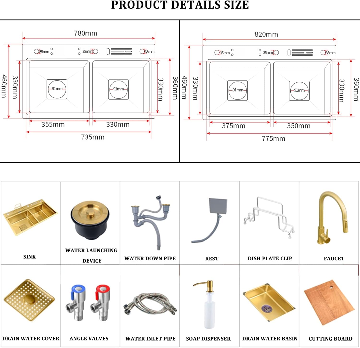 304 Stainless Steel Ro Kitchen Sink Gold Double Bowl Bar Prep Sink Multi-Purpose RV Sink with Faucet and Drain Assembly Drop in Or Under Mount (Color : Gold-g, Size : 78x46x24cm)