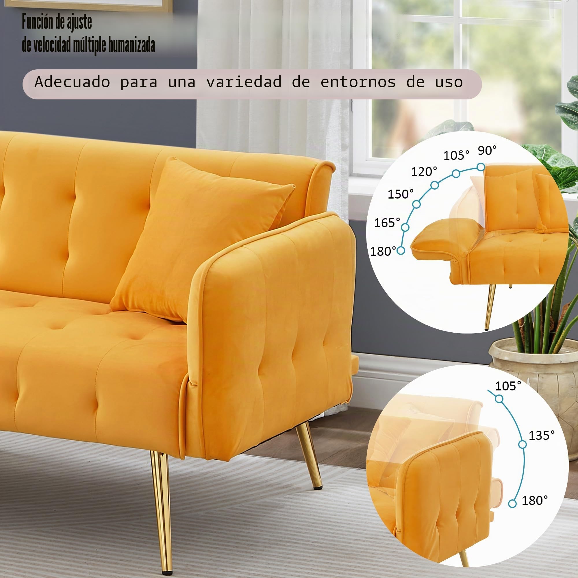 Lubvtti Sofá cama de 2 plazas multifuncional con respaldo ajustable y reposabrazos multiposición, sofá cama plegable para el salón, sofá de 2 plazas, terciopelo (A-Amarillo)
