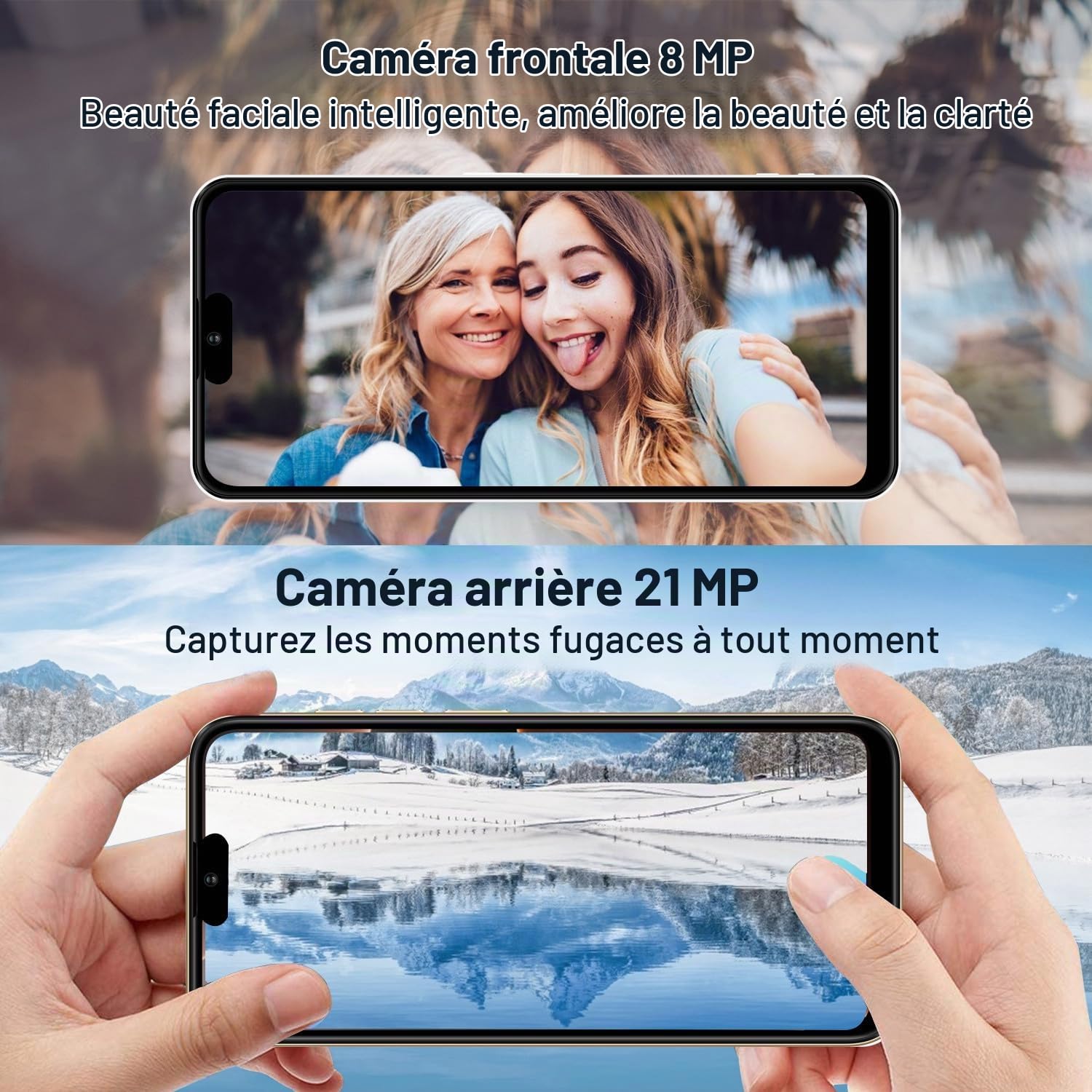 AODOEU Smartphone Pas Cher Android 14, 8 GO+64GO/TF 1TO, Telephone Portable Pas Cher Écran 6,56" HD+, Batterie 6285mAh, 13MP+8MP, Telephone 4G Dual SIM/GPS/Face ID/OTG-Violet