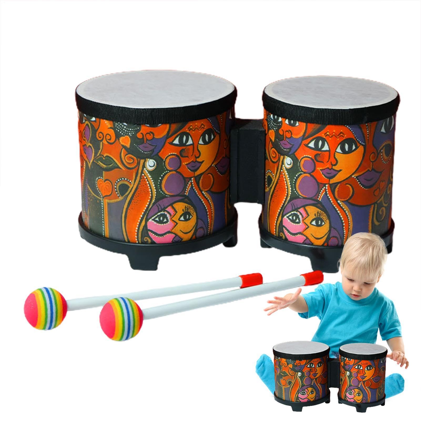 Bongo Drums Adulti, Bongo Tamburo | Strumento a percussione per bambini | tamburo musicale | Set di batteria per bambini, strumenti musicali in legno fatti a mano con 2 bacchette colorate, regalo di