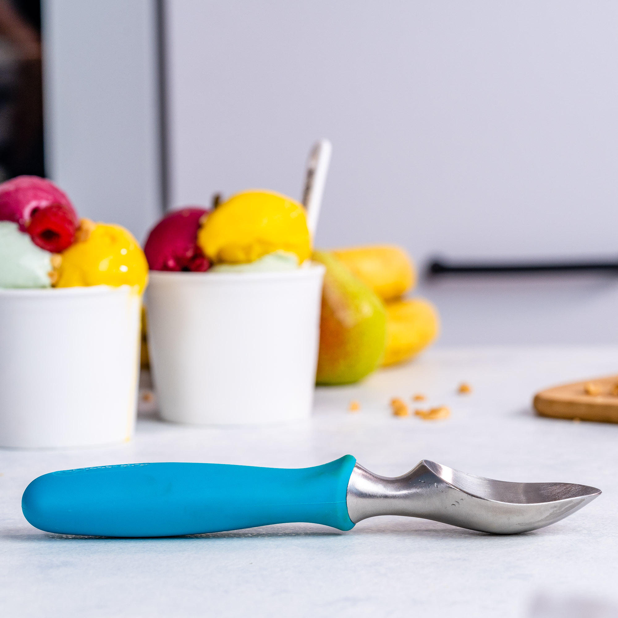 Cuillère à Glace CISIXIN - Acier Inoxydable, Poignée Antidérapante Bleue, Boules Parfaites