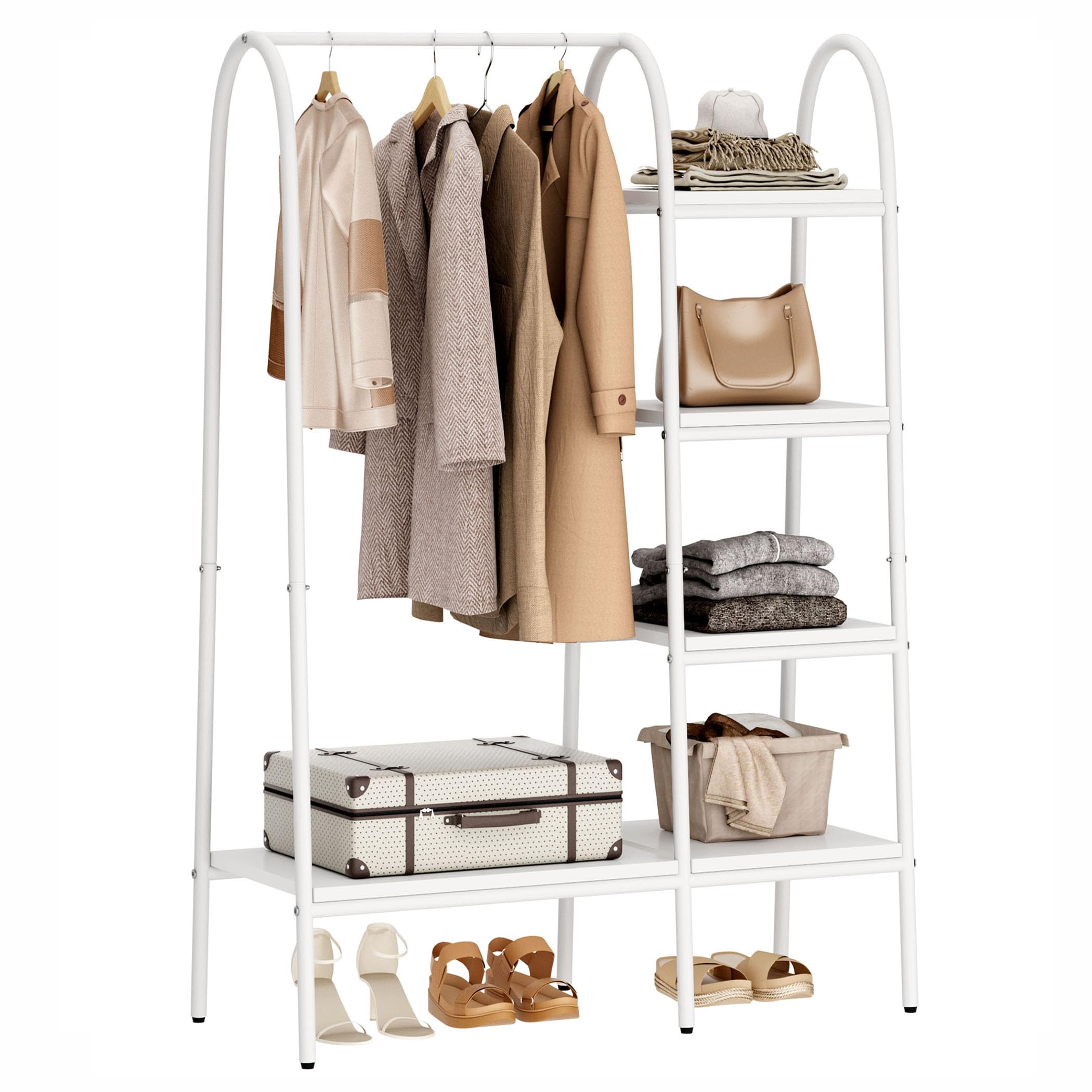 SDHYL Perchero de pie de metal con 4 niveles de almacenamiento y barra para colgar ropa, organizador de armario para dormitorio, salón (blanco)