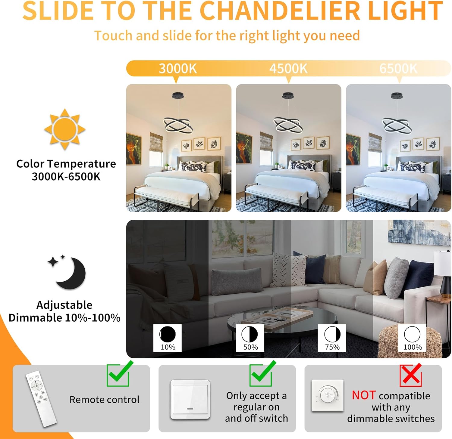 2-Ring Modern Black LED Chandelier Dimmable Pendant Light with Remote Control Flush Mount High Ceiling Circle Light Fixture for Dining Bed Living Room Foyer 3000K-6500K