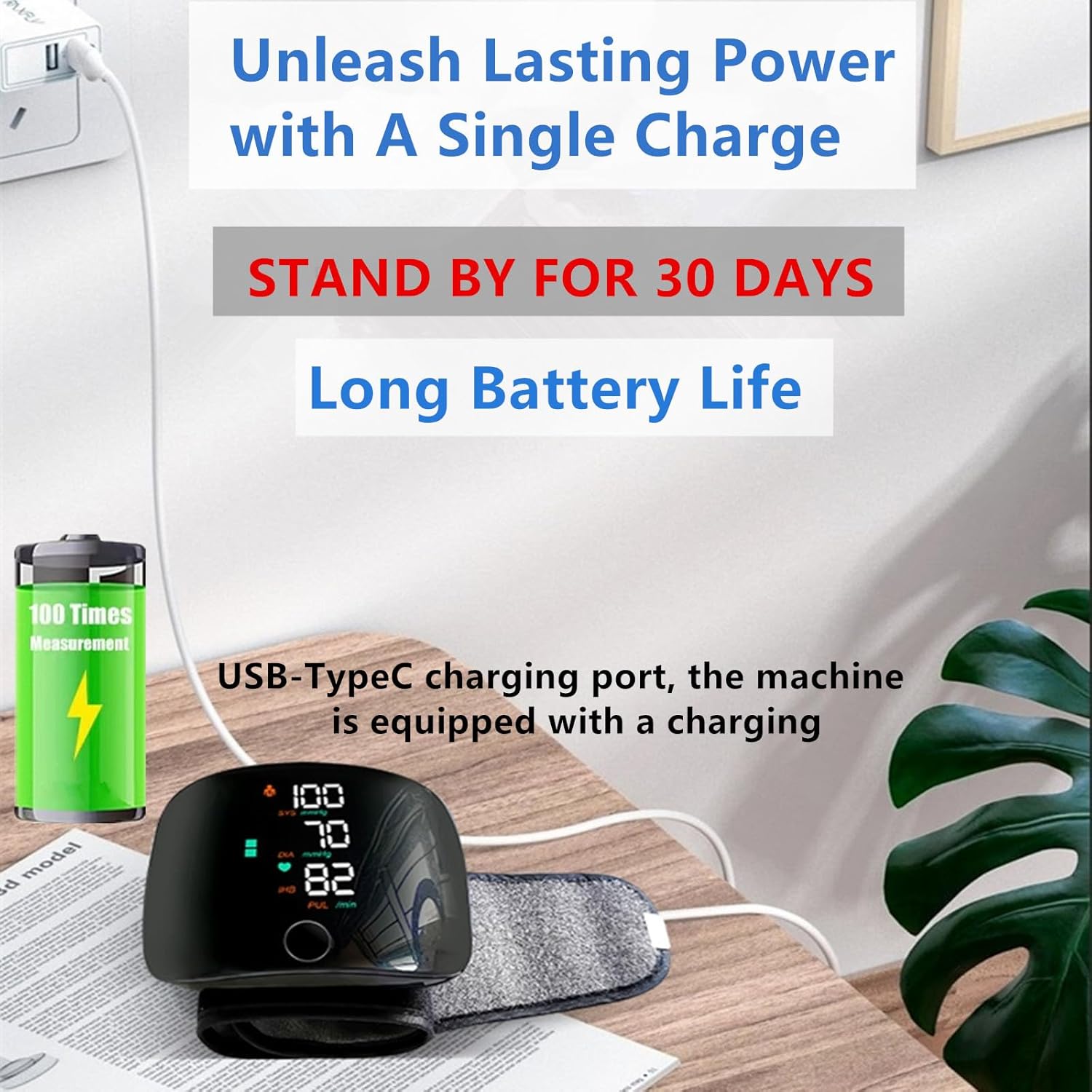 Joyyko BK-606 monitor connected to a USB-TypeC charging cable, illustrating its rechargeable battery feature.