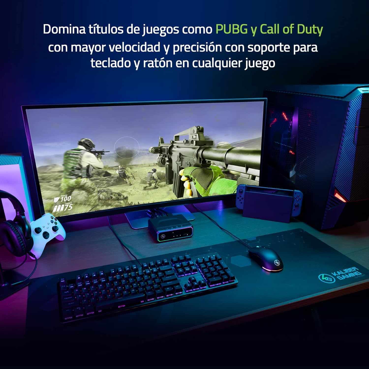 IOGEAR Keymander Nexus Gaming KVM Switch, 3 Consolas o PC comparten Teclado, Mouse y un Monitor, HDMI 4K a 60 Hz, DAC para Juegos Integrado, Audio de 3,5 mm, iluminación RGB Personalizable, USB 3.0