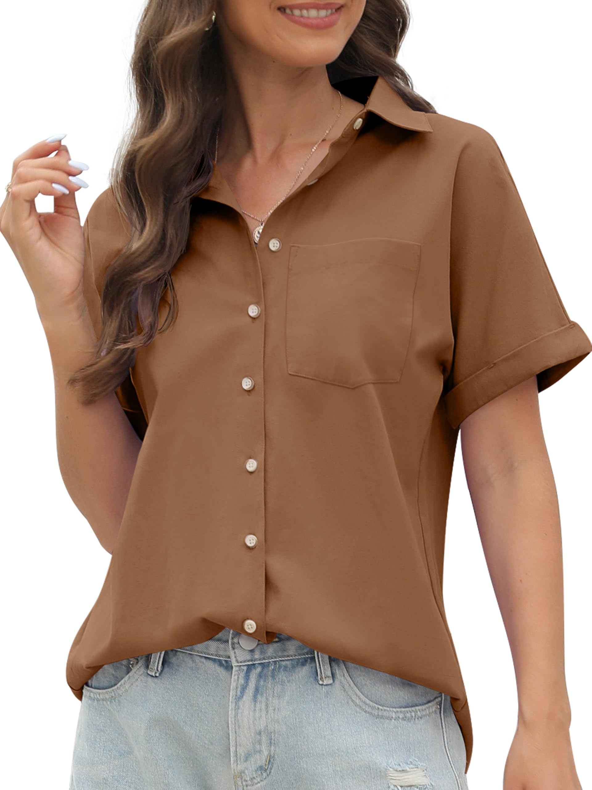 CUNLIN 100% Cotton Short Sleeve Shirts for Women Button Down Shirt Womens Blouses Casual Summer Tops with Pockets