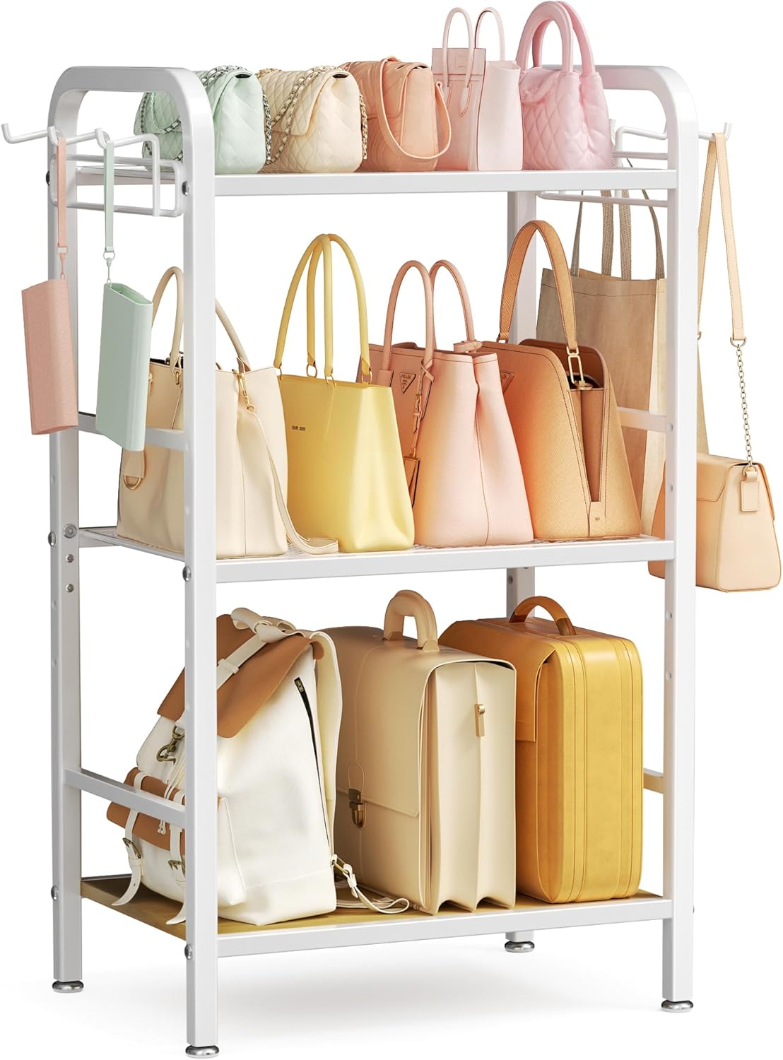 niffgaff 3-Tier White Purse Organizer, Large-Capacity Floor-Standing Handbag Rack with Adjustable Shelves and 6 Side Hooks, Metal and Wood