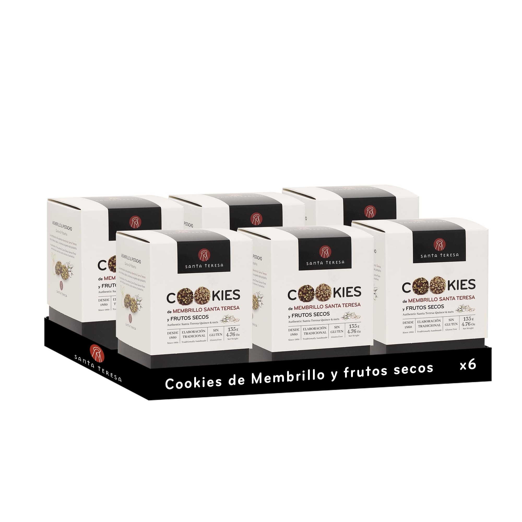 Santa Teresa - Pack de 6 estuches de Cookies de Membrillo recubiertas de Pistacho y Almendra. Sin Gluten. Apto para Veganos. 135g x 6 unidades