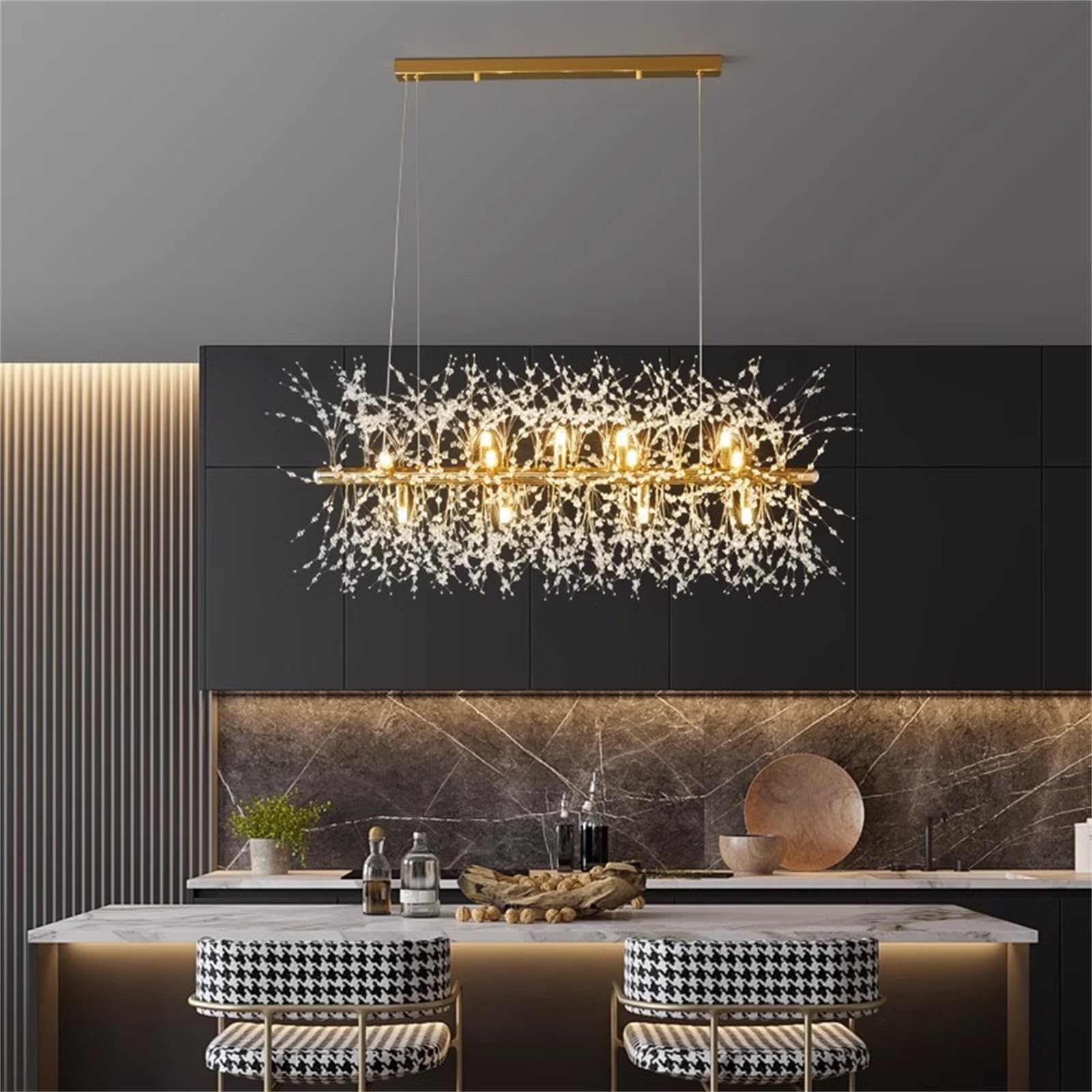 Leomix Gold Modern Crystal Firework Chandelier, 90Cm 12-Light Linear Dining Room Lighting Fixtures Hanging, Dandelion Chandelier Firework Ceiling Light Fixture For Living Room, Bedroom,