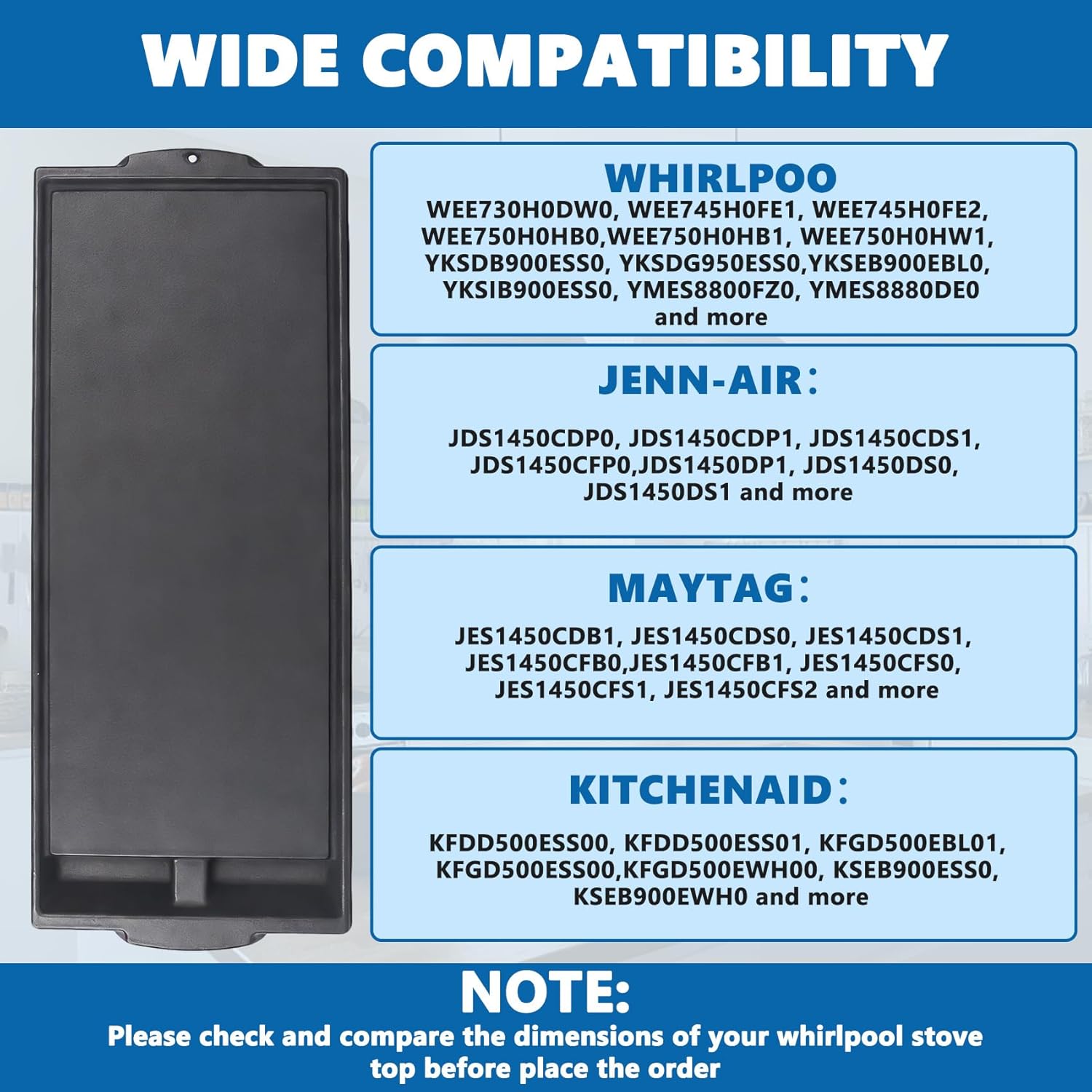 W10432544 Griddle Stove Replacement Parts for Whirlpool Gas Stove Top Griddle Pan, Cast Iron Range Griddle Plate W10432539 KitchenAid Kenmore Jennair Maytag Gas Cooktop Parts Burner Griddle Flat