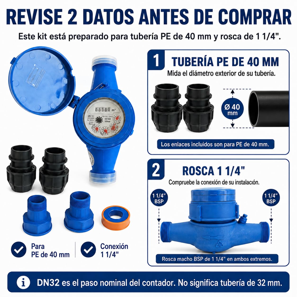 Contador de Agua para Riego Homologado Emeñe 1 1/4” con Enlaces PE 40 mm | Kit completo con 2 enlaces, juntas y teflón. Cuerpo plástico anticorrosión y acceso por QR a la documentación del fabricante.