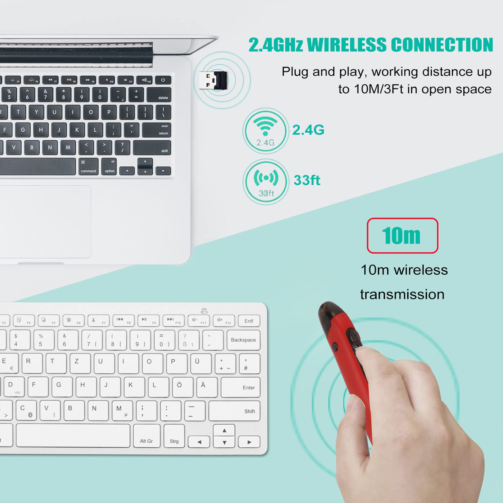 Mouse Ottico con Penna Tascabile Wireless, Bluetooth 2.4G Mouse con Penna Digitale Wireless 2 in 1 Mouse Ergonomico Silenzioso Retroilluminato Luminoso Ricaricabile per PC Laptop Computer(Rosso)