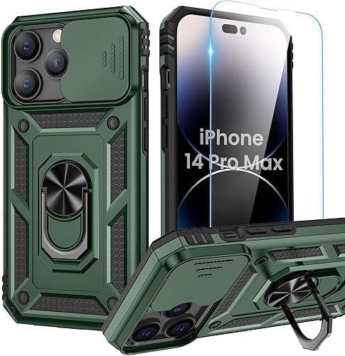 Goton Funda para iPhone 14 Pro Max con protector de pantalla - Funda deslizante para cámara con soporte de anillo, resistente grado militar, a Goton Funda para iPhone 14 Pro Max con protector de pantalla - Funda deslizante para cámara con soporte de anillo, resistente grado militar, a