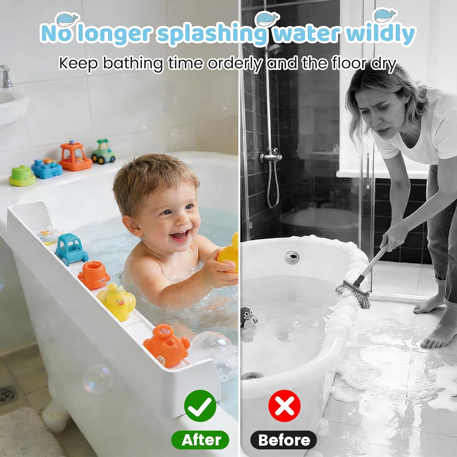 Bathtub Tray Splash Guard: Silicone Bathtub Splash Guard with Suction Cups, Bathtub Side Tray & Bath Toys Holder for Water Spill Prevention & Bathroom Storage, Grey
