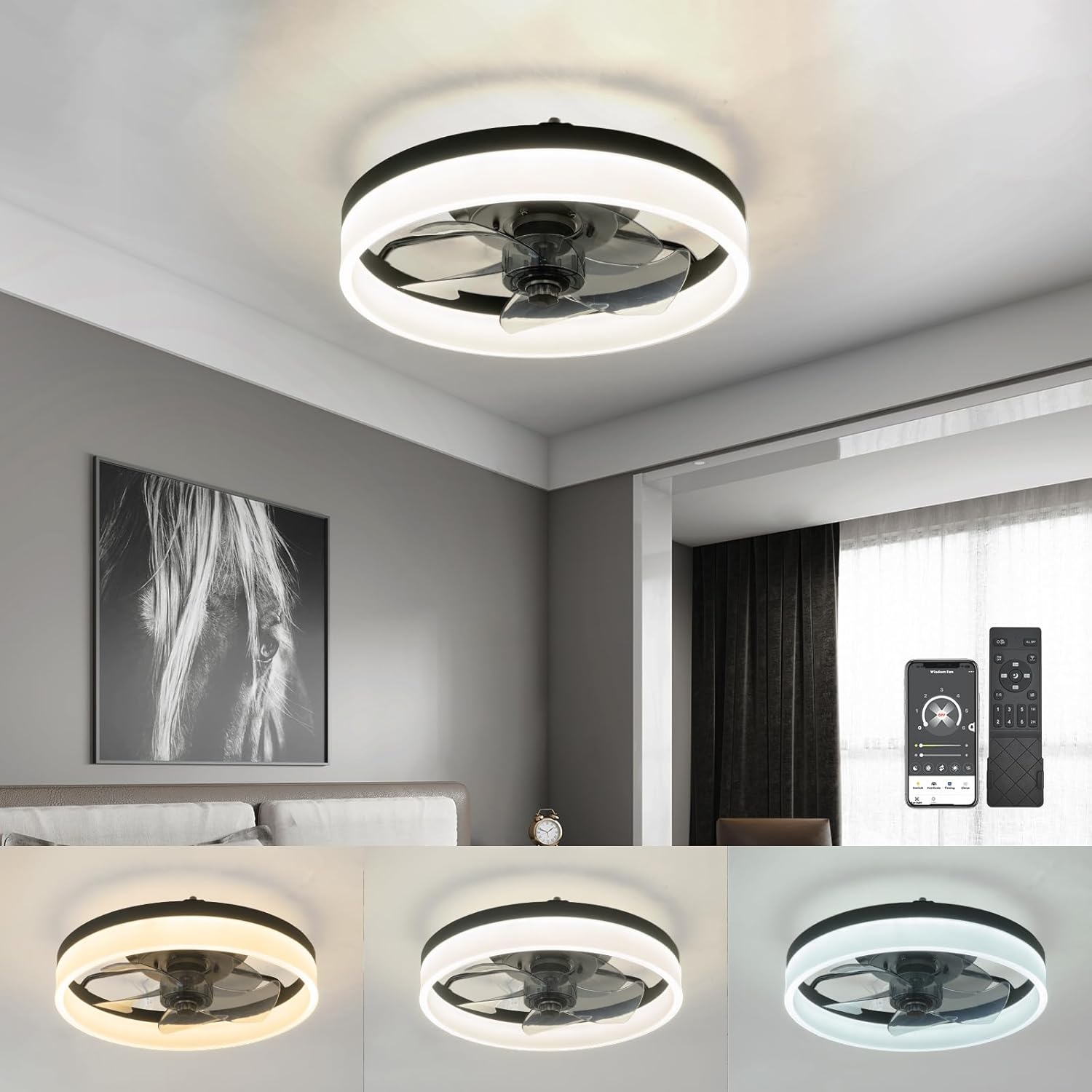 GQR Ceiling Fans with Lights 15.7in, Low Profile Ceiling Fan Flush Mount with Remote, Dimmable LED 3 Color 6 Speeds Timing, Reversible Bladeless Modern Ceiling Fans for Bedroom Living Room,Black